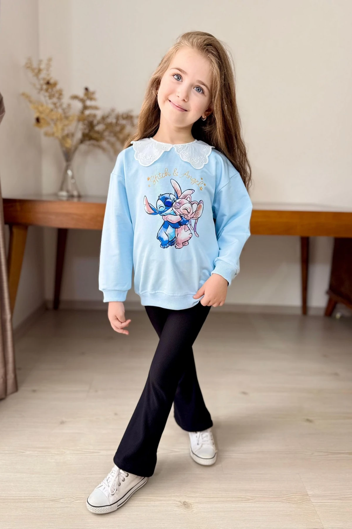 MAVİ RENK STİÇ BASKILI BEBE YAKA KIZ ÇOCUK ALT ÜST TAKIM