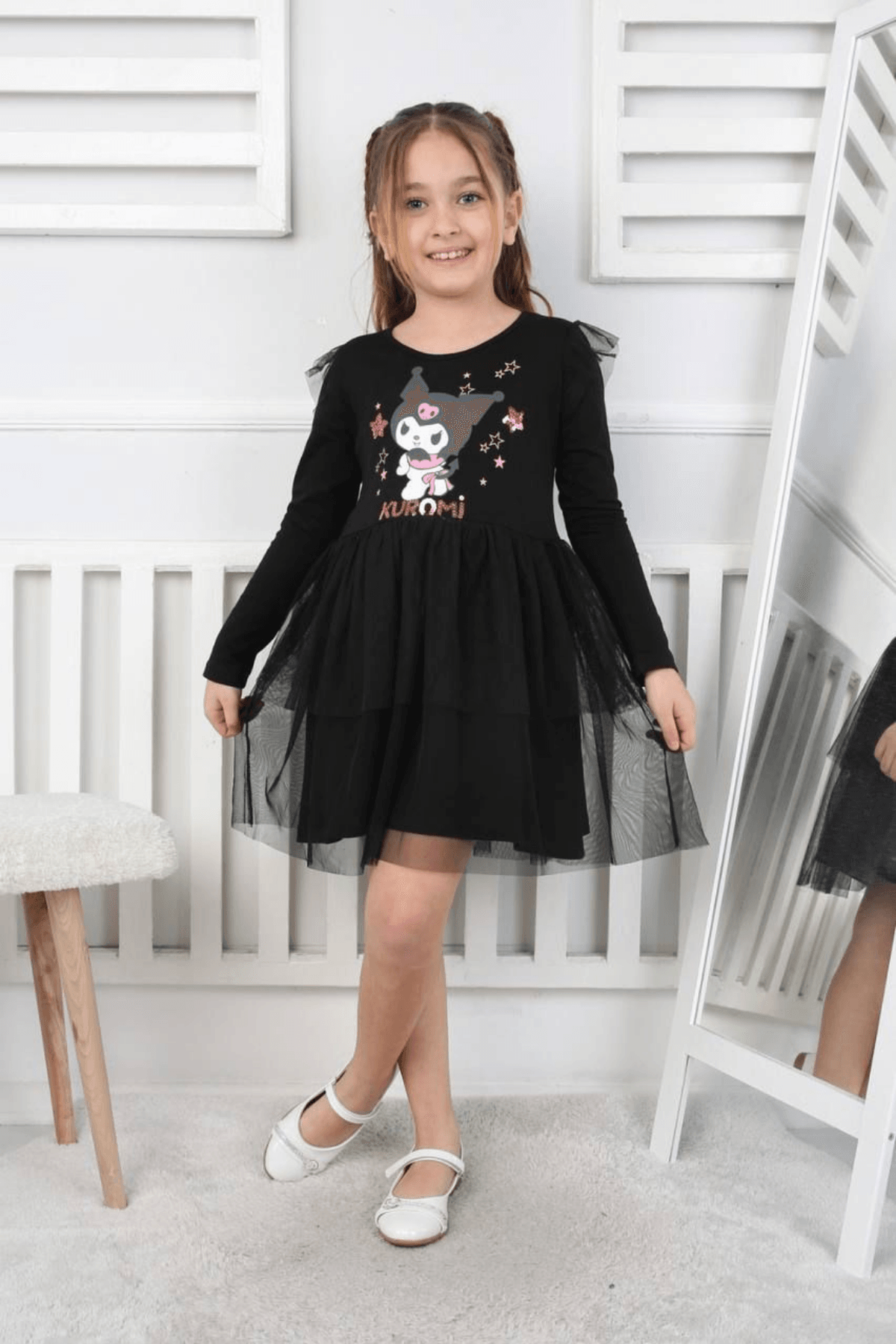 SİYAH RENK KUROMİ DESEN TÜTÜLÜ KIZ ÇOCUK ELBİSE