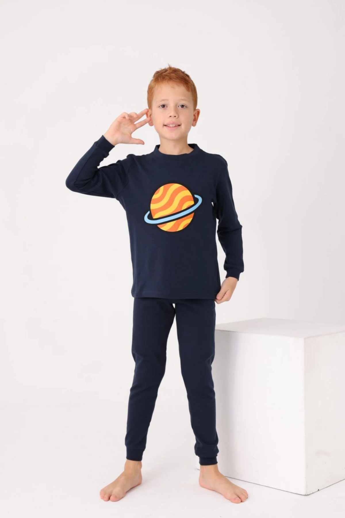 LACİVERT RENK DÜNYA BASKILI ERKEK ÇOCUK PİJAMA TAKIMI