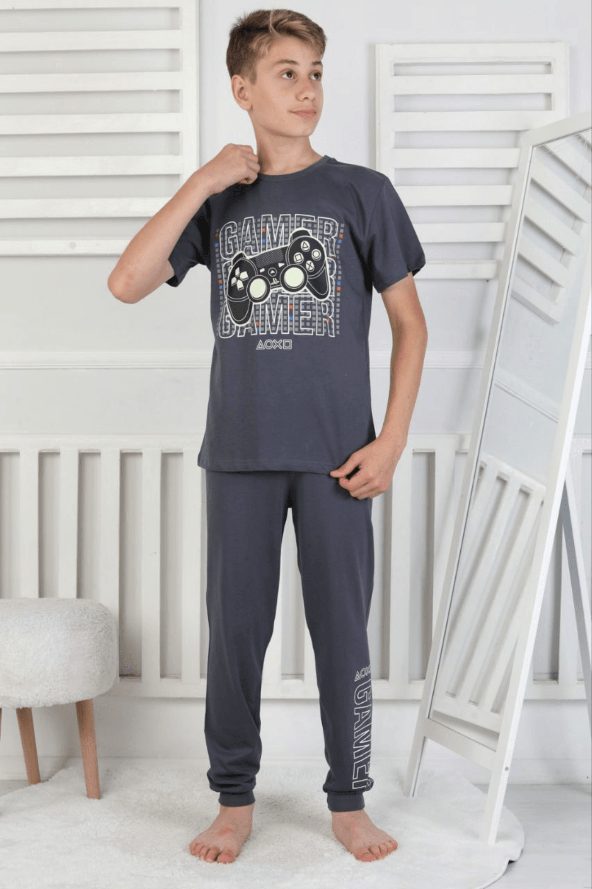 FÜME RENK ATARİ DESEN ERKEK ÇOCUK KISA KOL PİJAMA TAKIMI