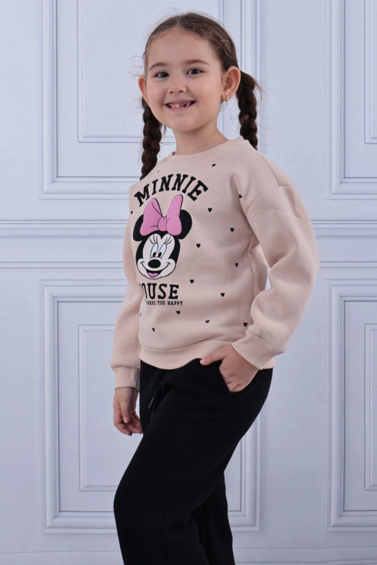 BEJ RENK MİNNİE MOUSE BASKILI KIZ ÇOCUK ŞARDONLU EŞOFMAN TAKIMI