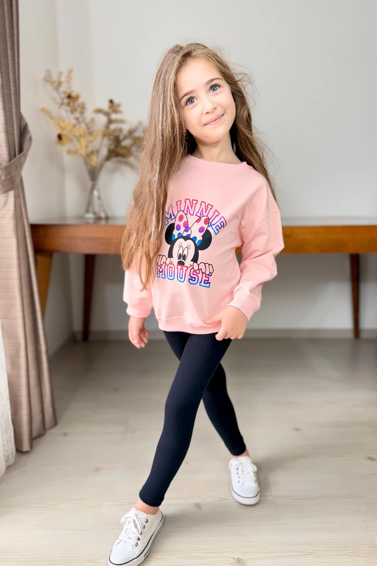 PUDRA RENK MİNNİE MOUSE BASKILI KIZ ÇOCUK TAYTLI TAKIM