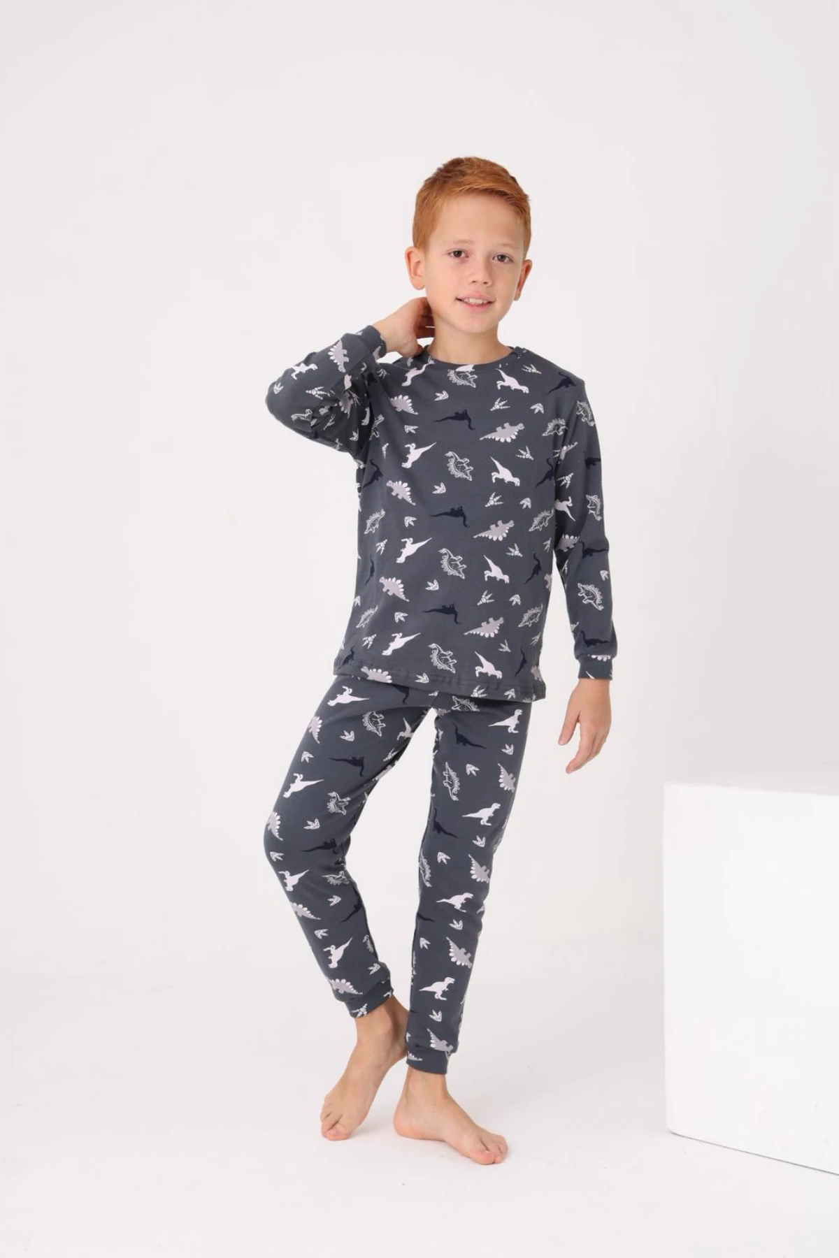 FÜME RENK DİNAZOR DESEN ERKEK ÇOCUK PİJAMA TAKIMI
