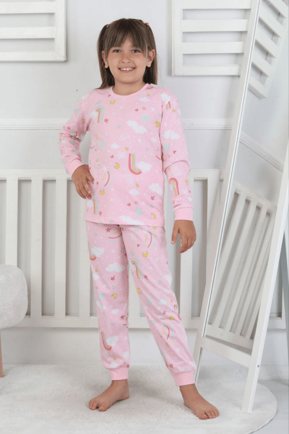 PEMBE RENK GÖKKUŞAĞI DESEN KIZ ÇOCUK PİJAMA TAKIMI