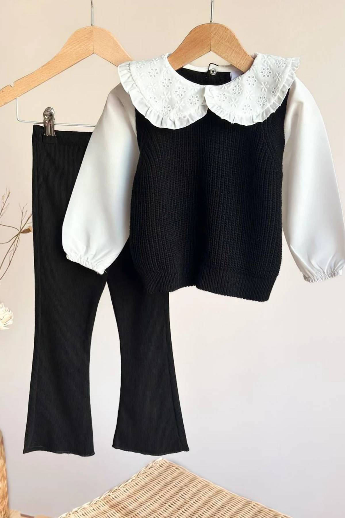 SİYAH RENK TRİKO KUMAŞ FİSTO DETAY BEBE YAKA KIZ ÇOCUK ALT ÜST TAKIM