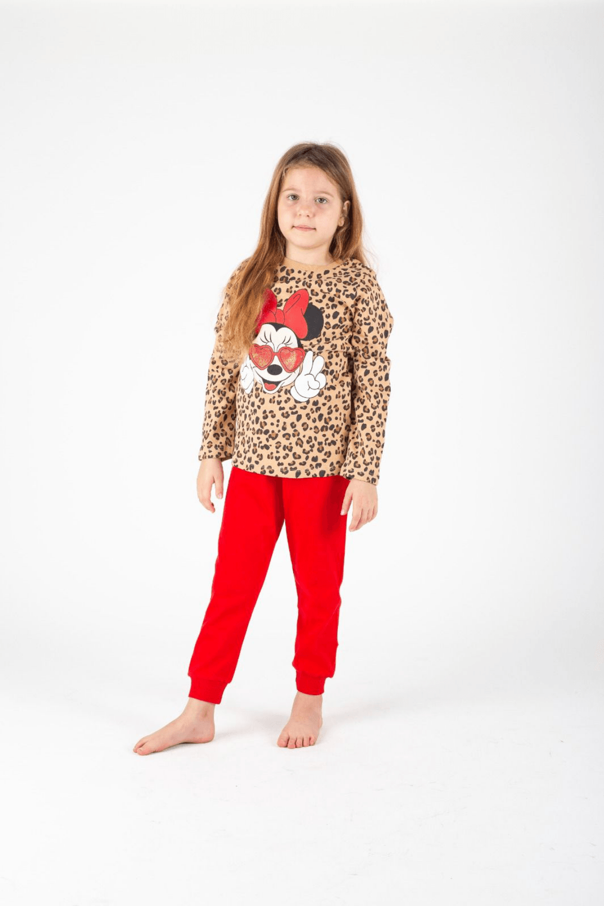 KIRMIZI LEOPAR SİMLİ MİNNİE MOUSE BASKILIKIZ ÇOCUK PİJAMA TAKIMI