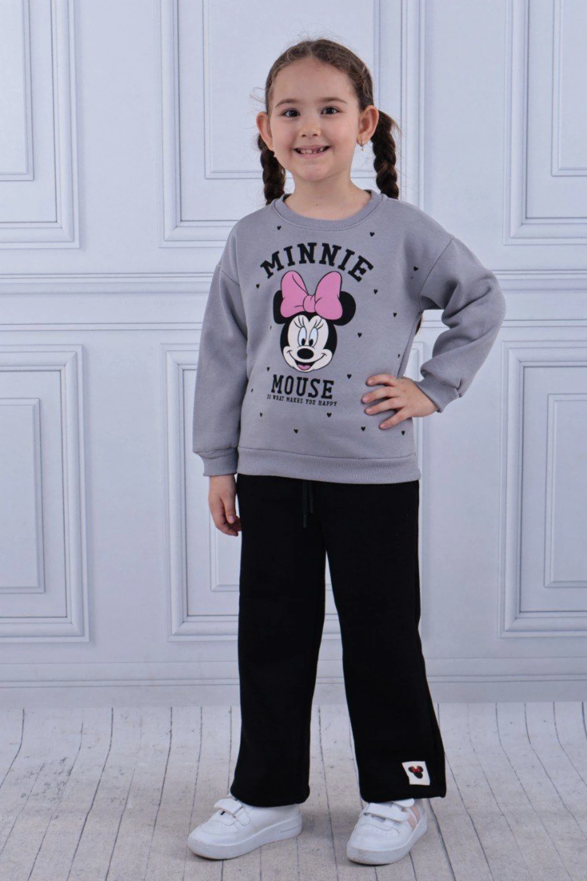 GRİ RENK MİNNİE MOUSE BASKILI KIZ ÇOCUK ŞARDONLU EŞOFMAN TAKIMI