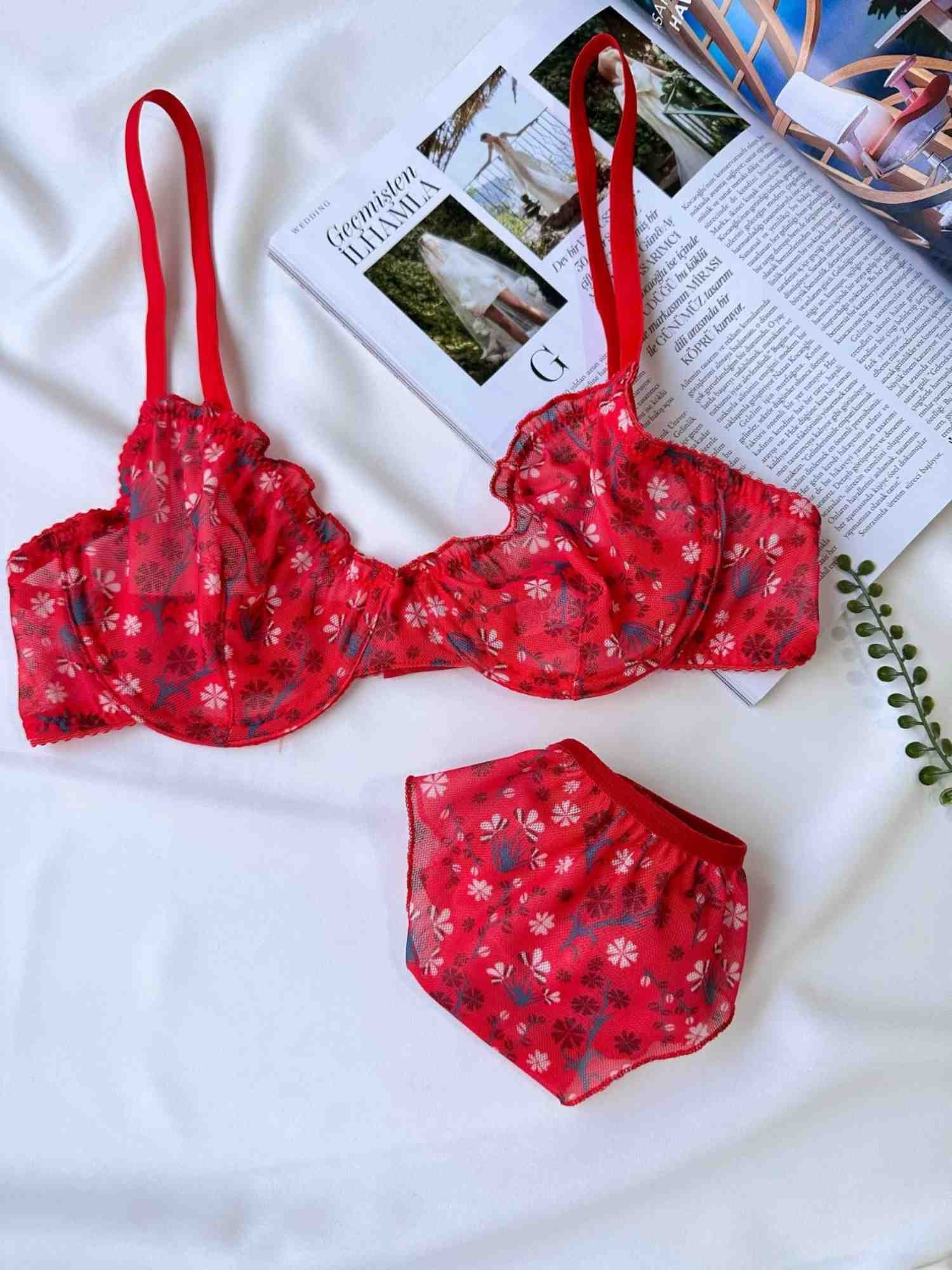 KIRMIZI TÜL ÇİÇEK DESEN BRA SET