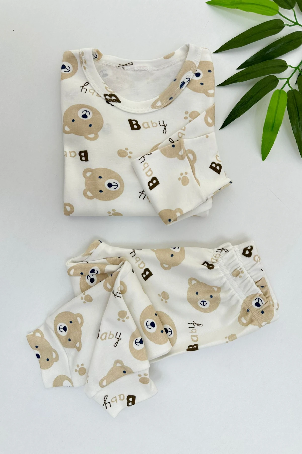 EKRU RENK AYICIK DESEN UNISEX PİJAMA TAKIMI