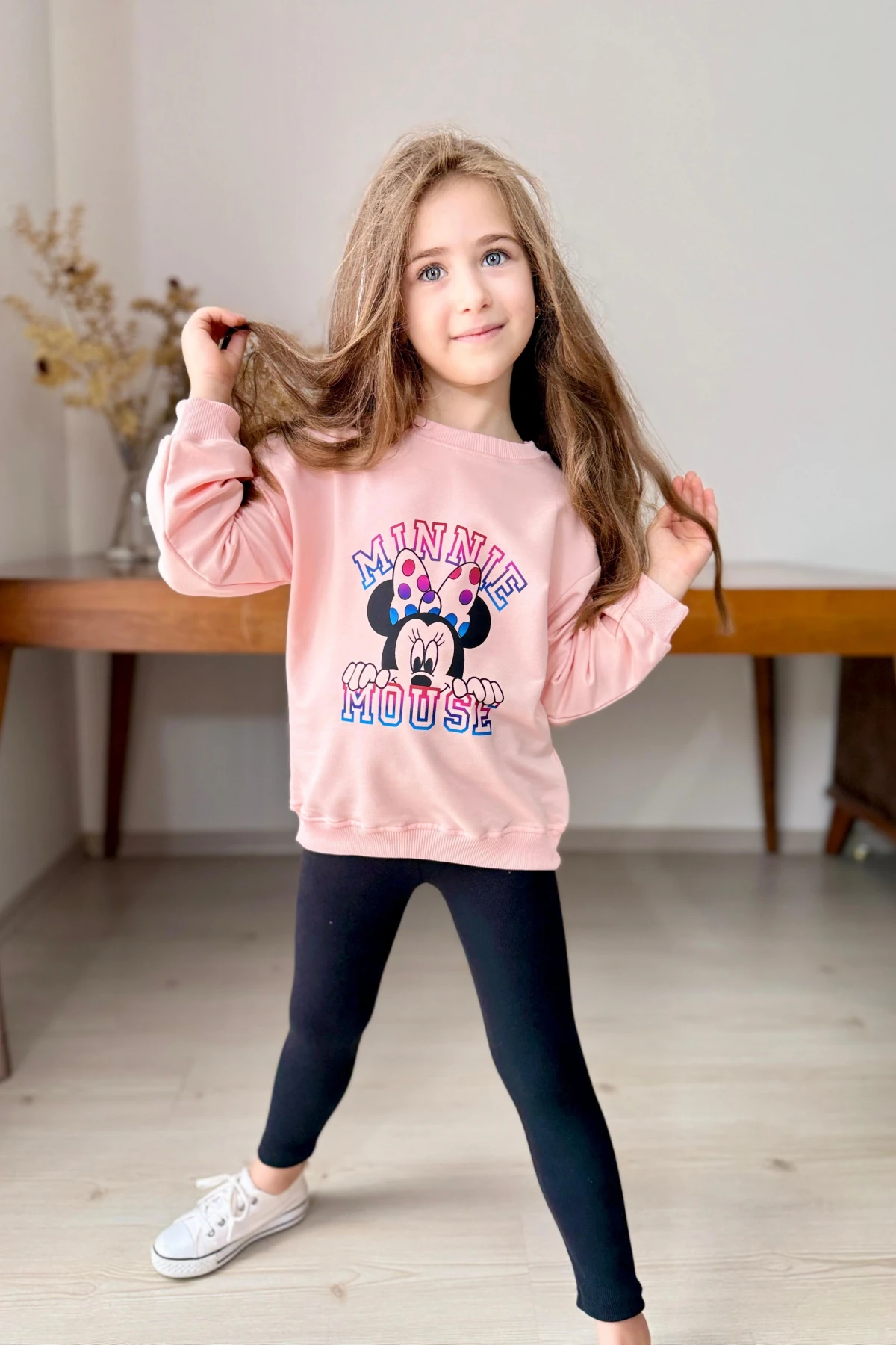 PUDRA RENK MİNNİE MOUSE BASKILI KIZ ÇOCUK TAYTLI TAKIM