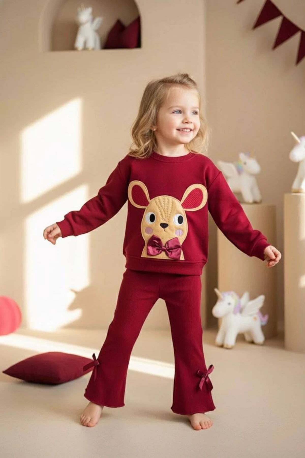 BORDO RENK TAVŞAN BASKILI KIZ ÇOCUK ALT ÜST TAKIM