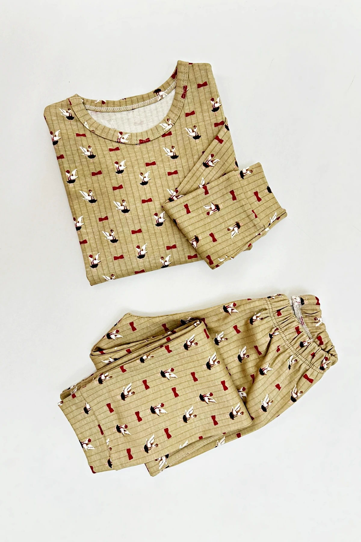 KAHVERENGİ LEYLEK DESEN KIZ ÇOCUK PİJAMA TAKIMI