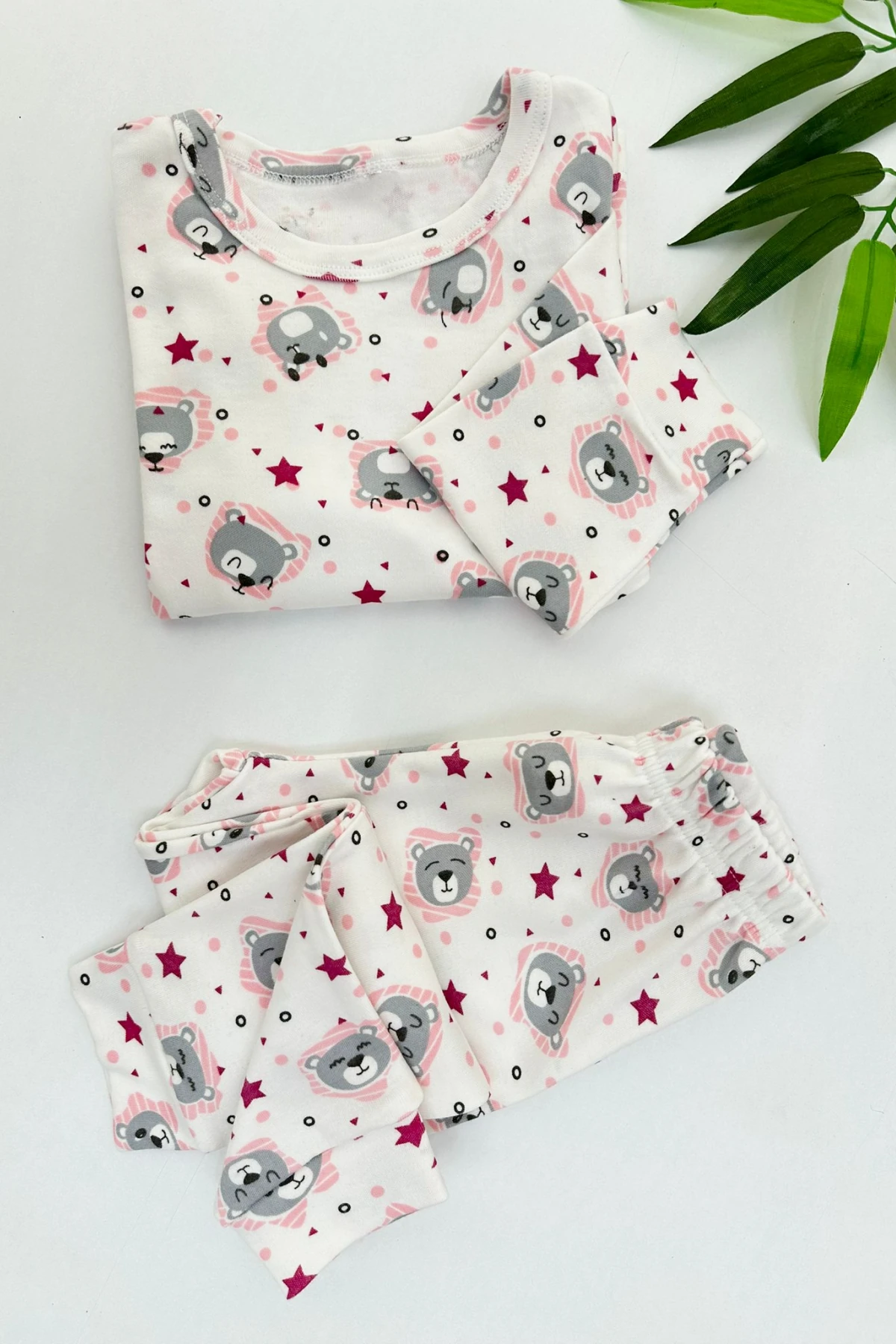 EKRU RENK PEMBE AYICIK DESEN KIZ ÇOCUK PİJAMA TAKIMI