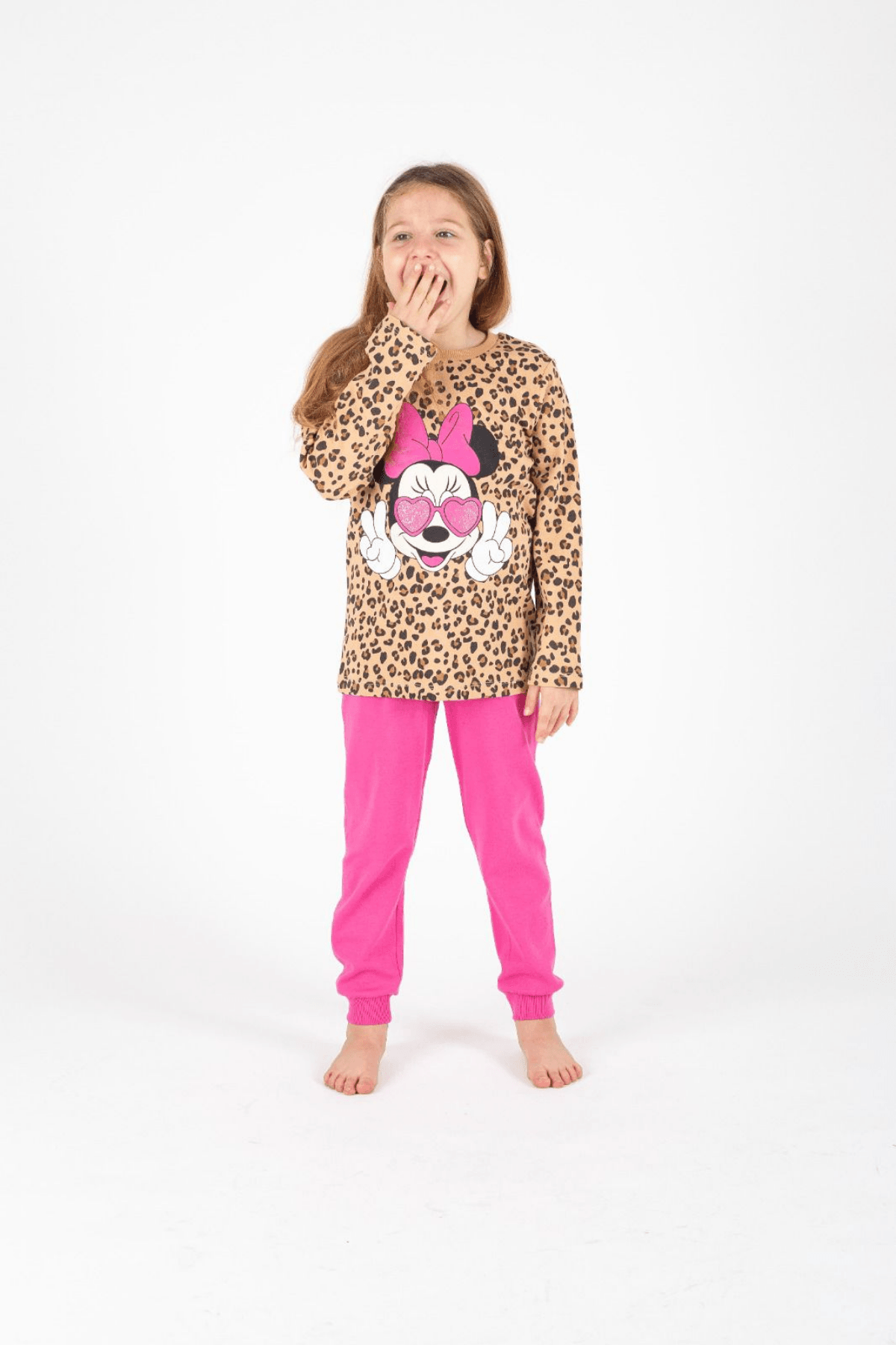 PEMBE LEOPAR SİMLİ MİNNİE MOUSE BASKILIKIZ ÇOCUK PİJAMA TAKIMI