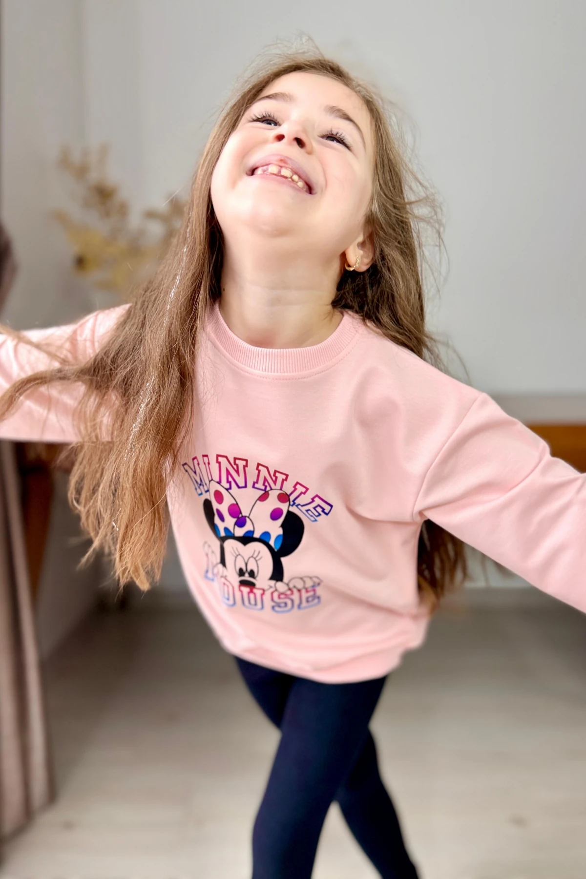 PUDRA RENK MİNNİE MOUSE BASKILI KIZ ÇOCUK TAYTLI TAKIM