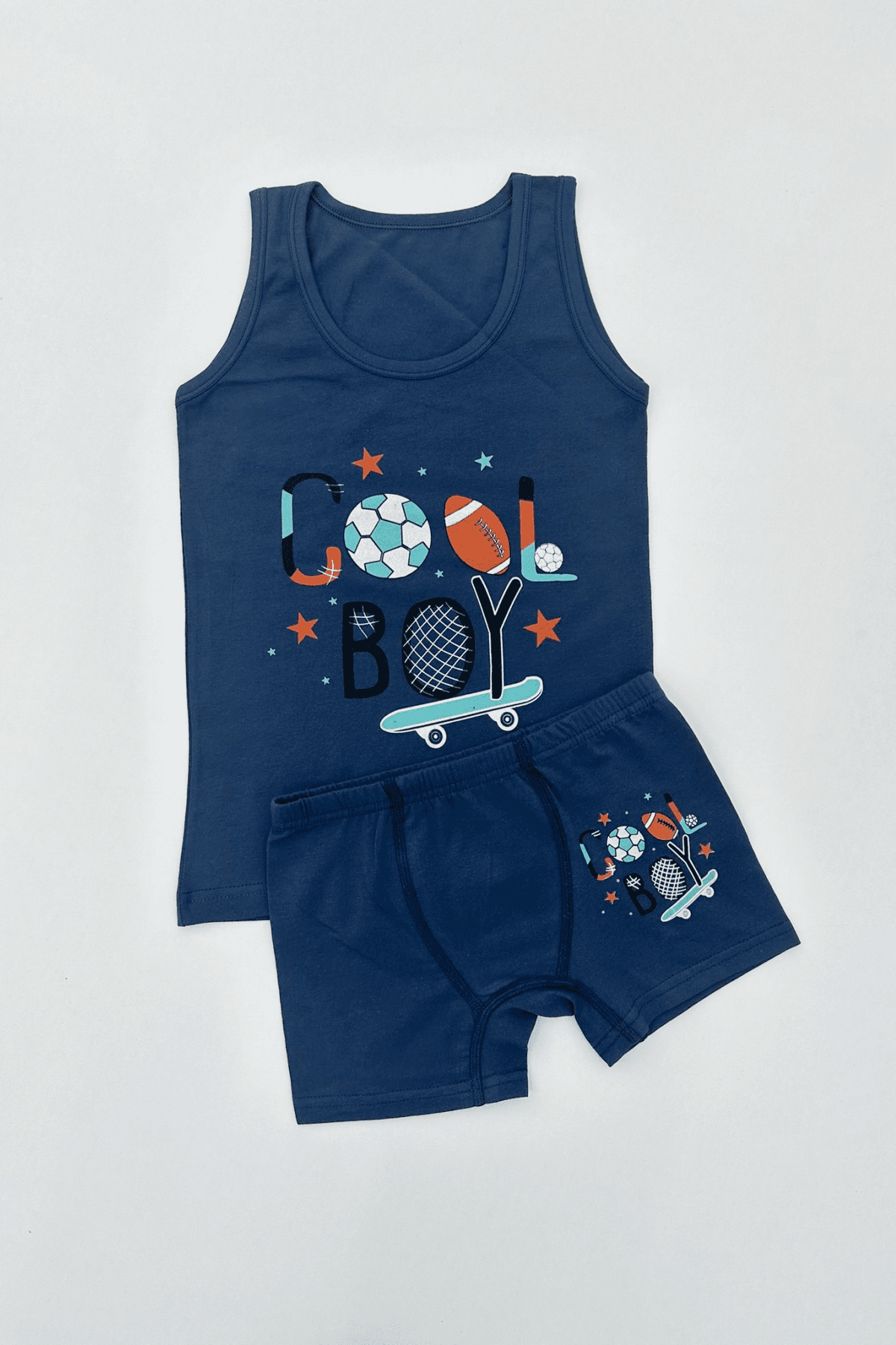 LACİVERT  RENK TOP BASKILI ERKEK ÇOCUK ATLET BOXER TAKIM