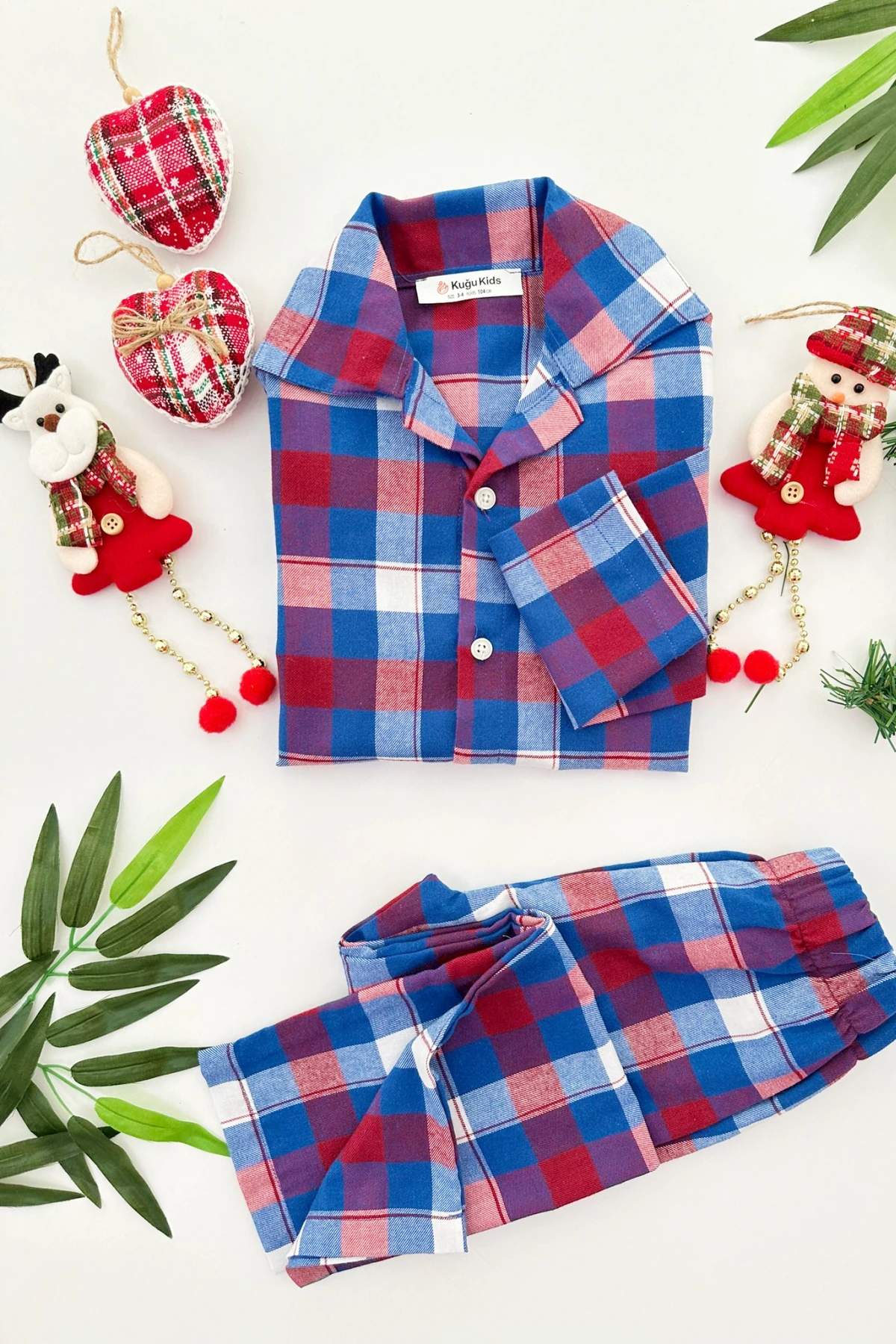 ÖNDEN DÜĞMELİ LACİVERT KIRMIZI KARELİ ERKEK ÇOCUK PİJAMA TAKIMI 