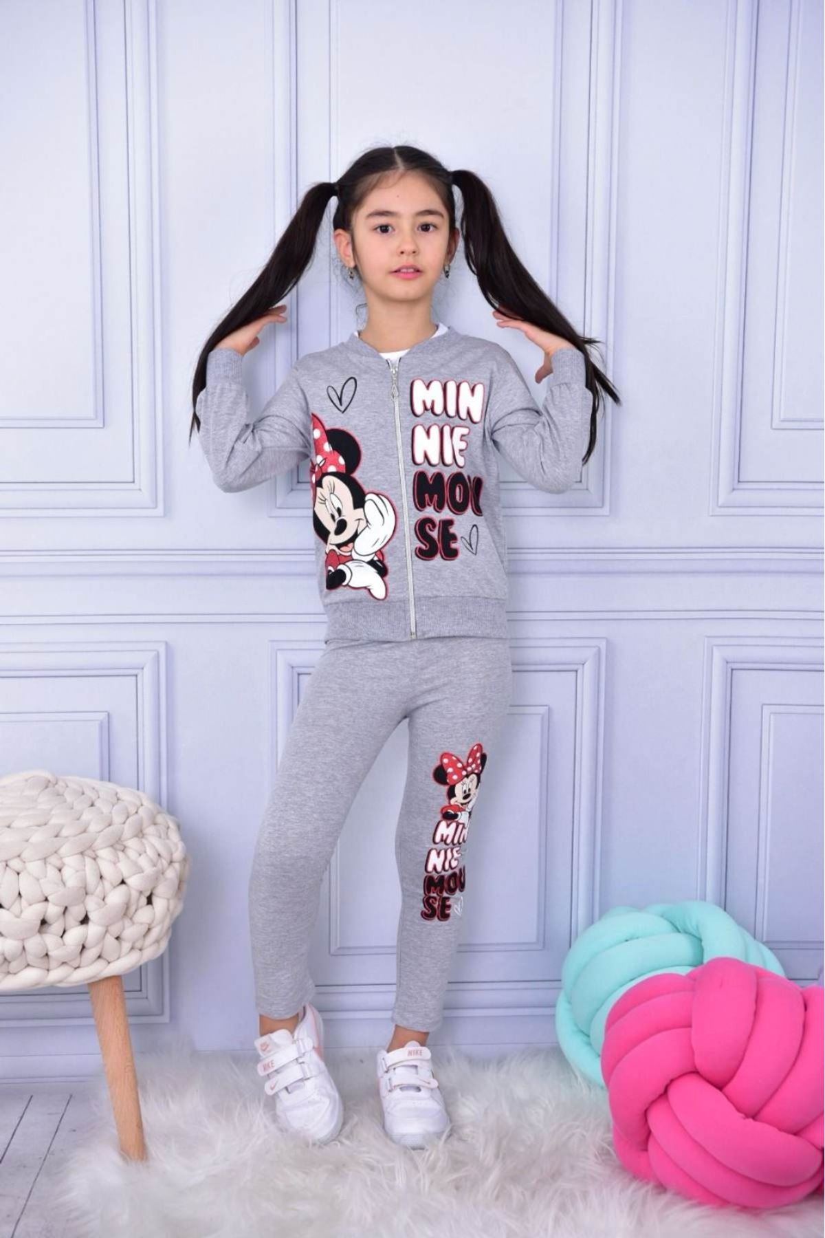 3 Parçalı MINNIE MOUSE NƏZƏLƏNMƏLİ QIZ UÇUĞU KALYOT KOSTUM (BOZ)
