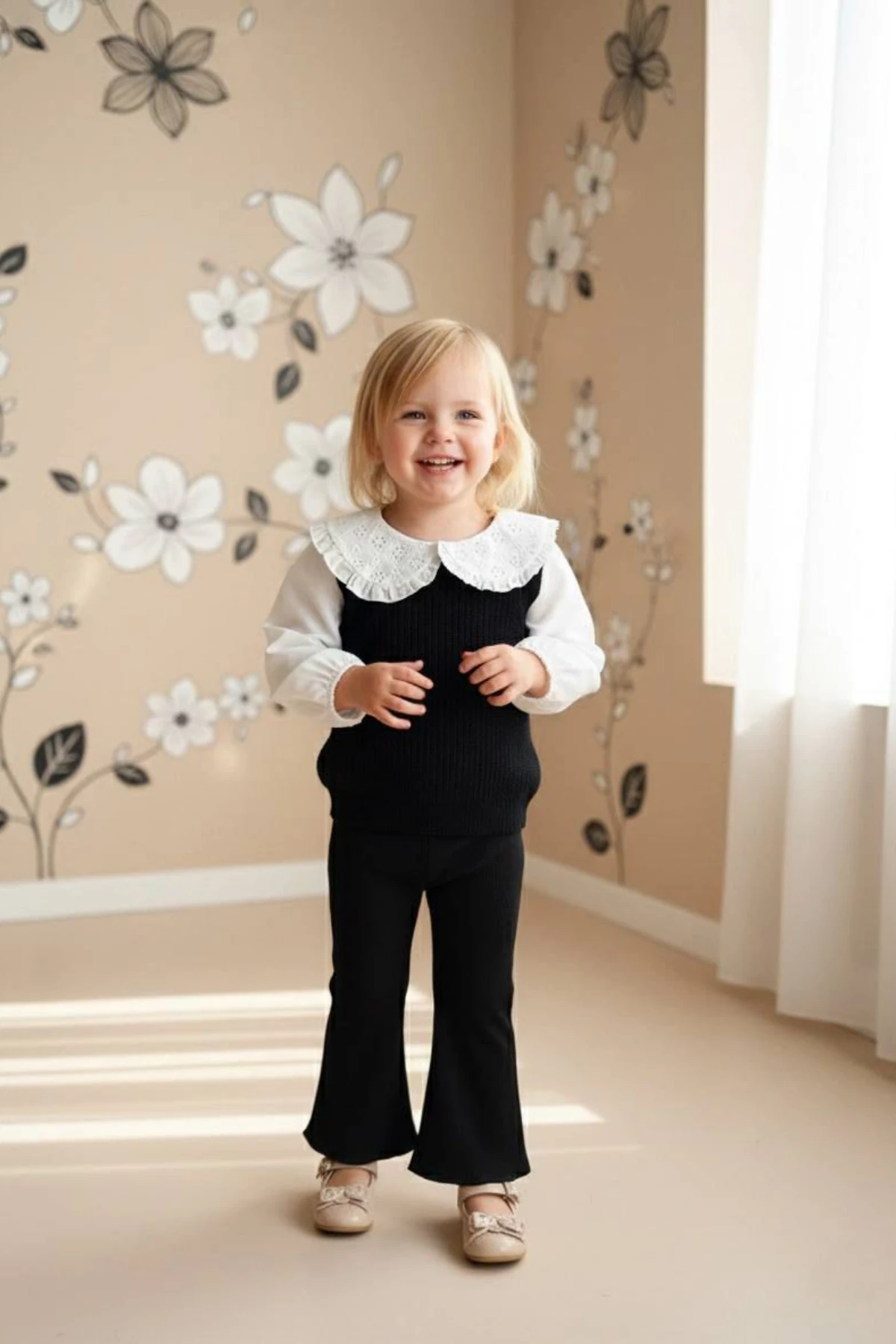 SİYAH RENK TRİKO KUMAŞ FİSTO DETAY BEBE YAKA KIZ ÇOCUK ALT ÜST TAKIM