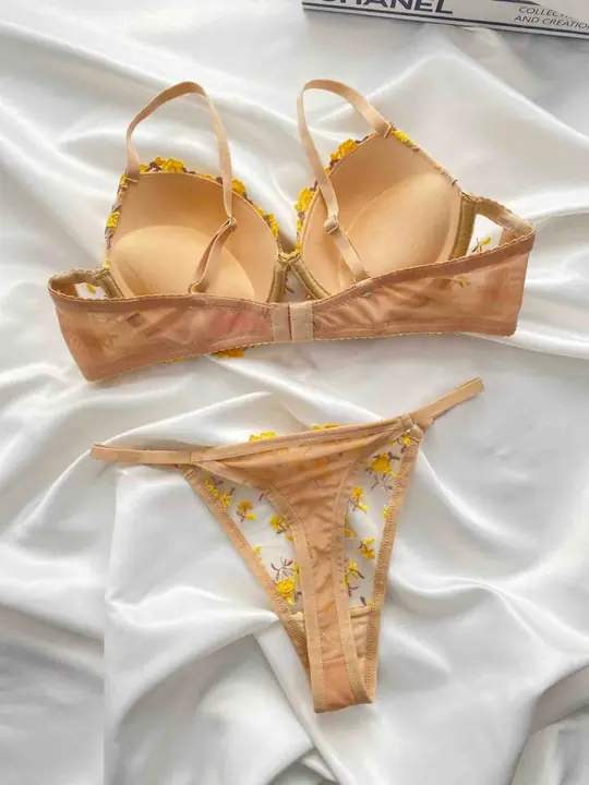 TEN RENGİ SARI ÇİÇEK NAKIŞLI DESTEKLİ SÜTYEN TAKIM