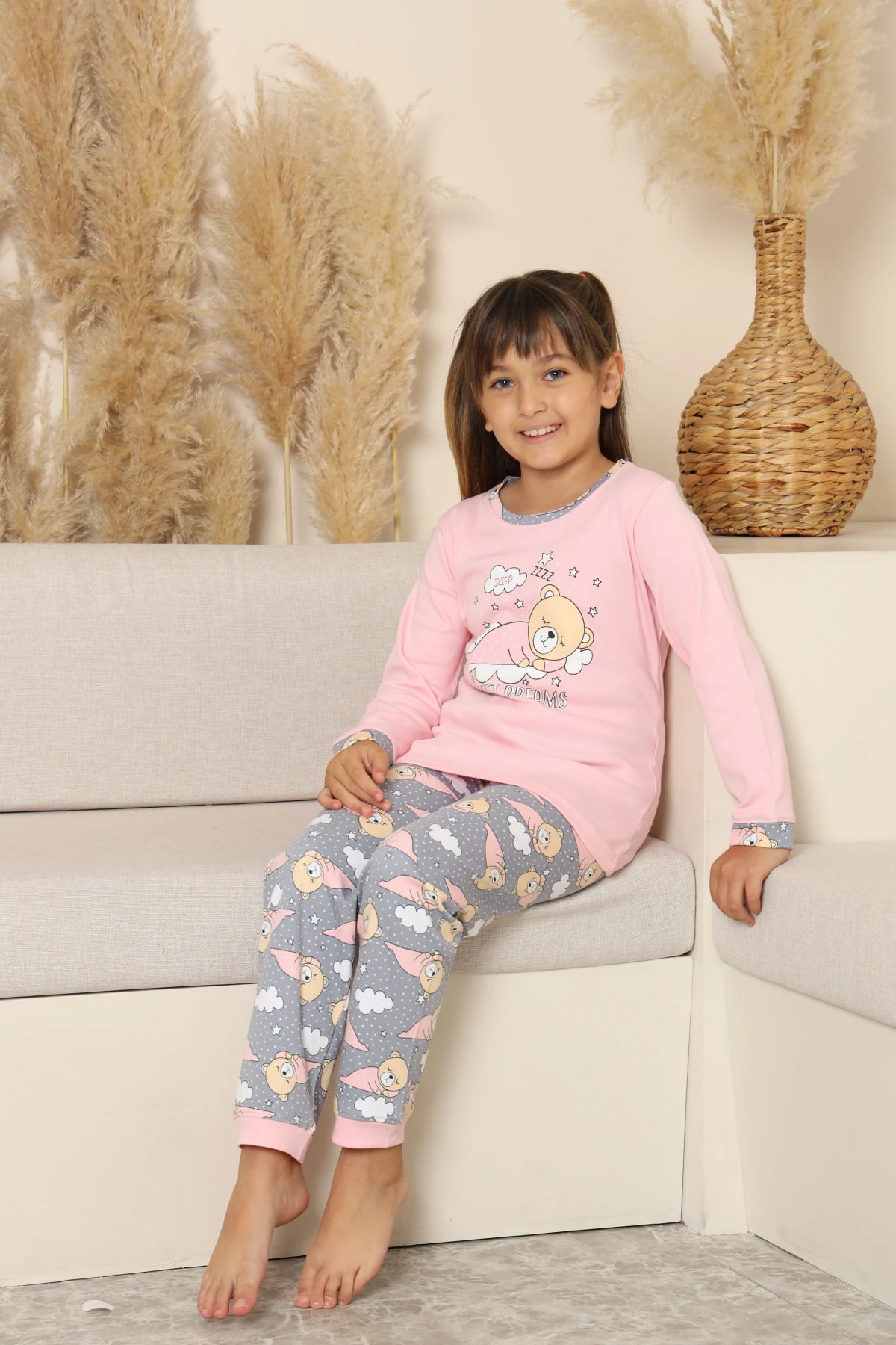 PEMBE RENK UYUYAN AYI DESEN KIZ ÇOCUK PİJAMA TAKIMI