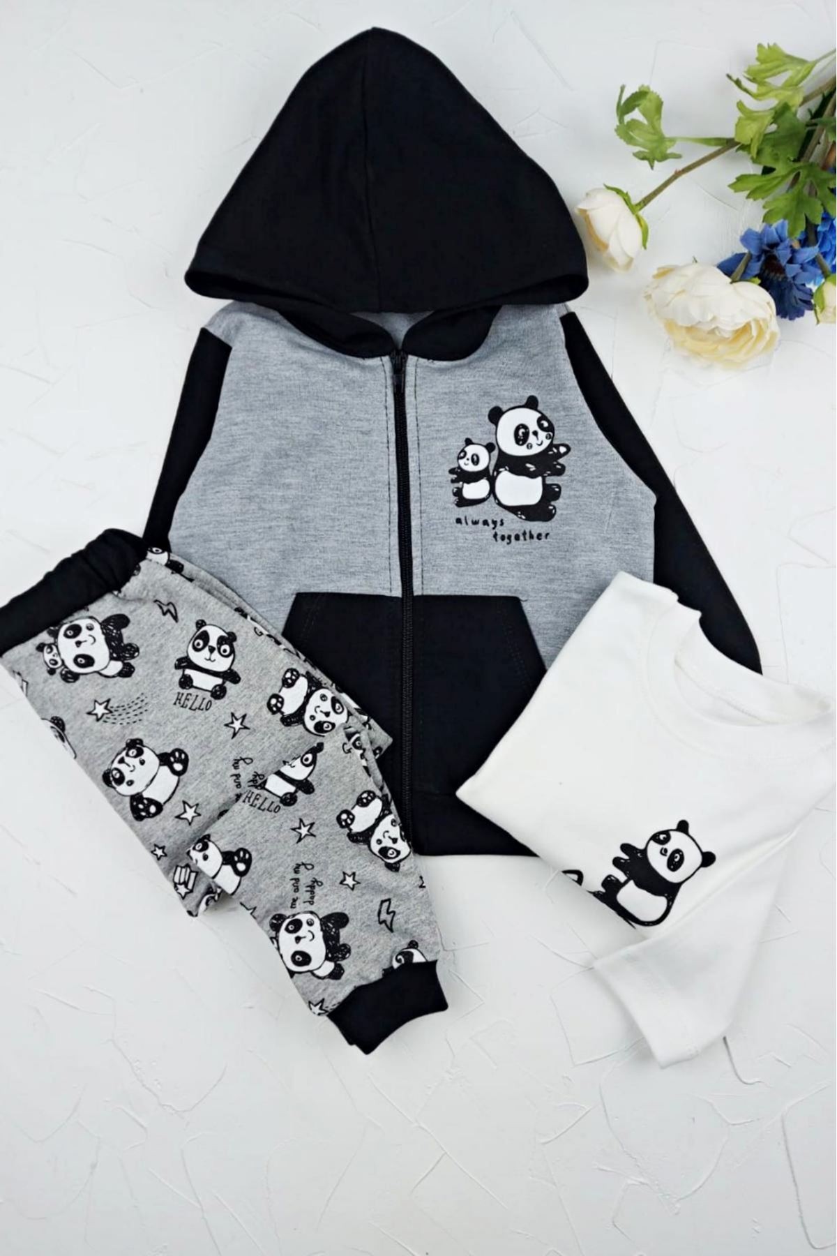 PANDA DESEN KAPÜŞONLU ÜÇLÜ TAKIM