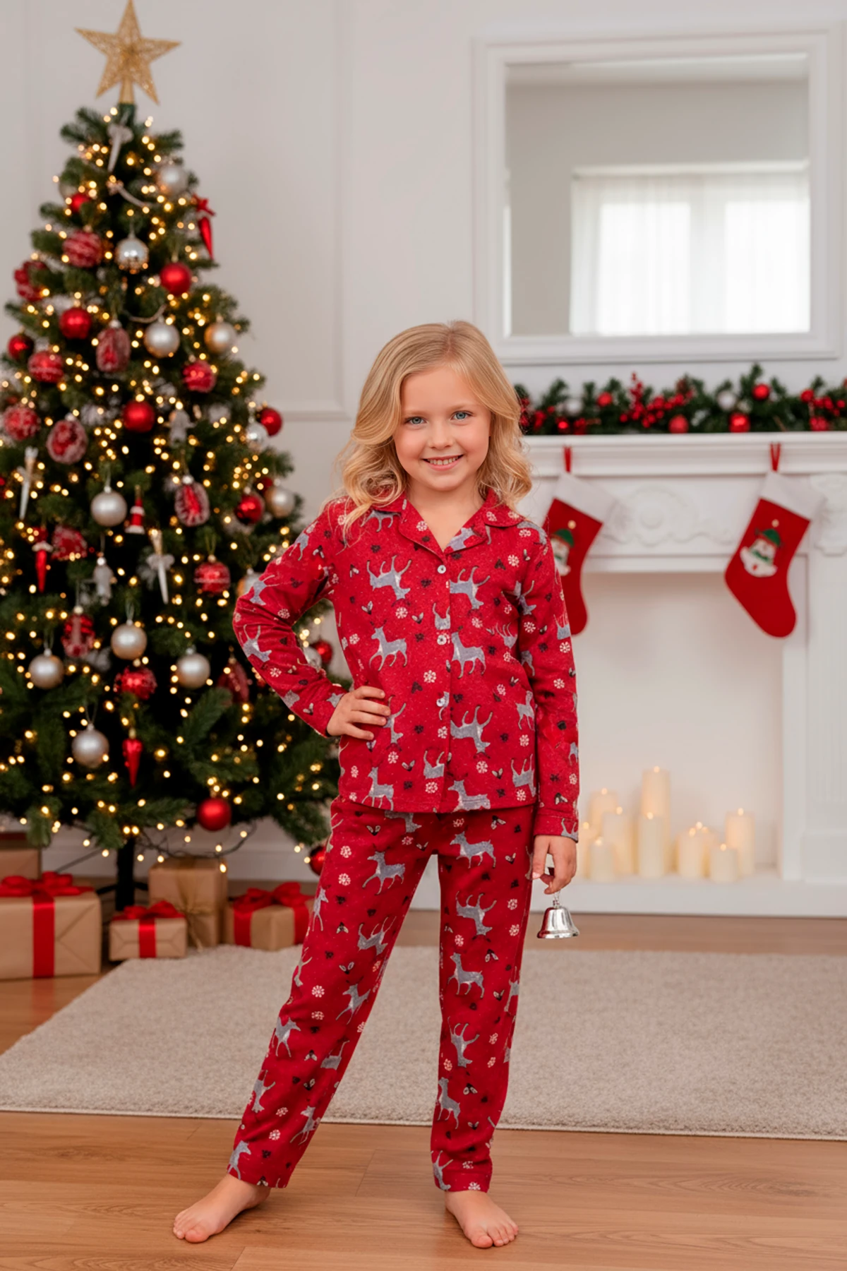 ÖNDEN DÜĞMELİ KIRMIZI GEYİK DESEN KIZ ÇOCUK PİJAMA TAKIMI
