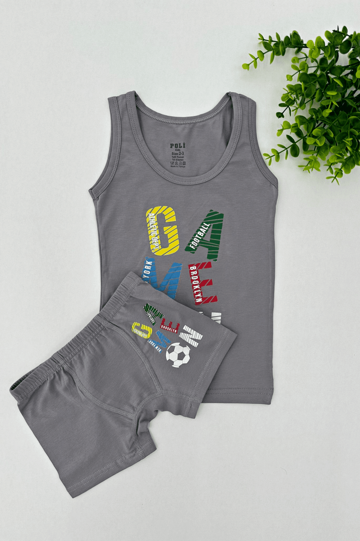 GRİ RENK YAZI BASKILI ERKEK ÇOCUK ATLET BOXER TAKIM