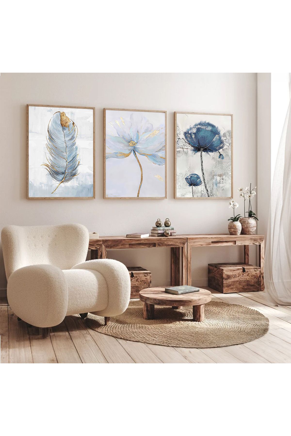 3 Parça Ahşap Çerçeveli Oturma Odası Salon Mutfak Tablo Seti Set3148