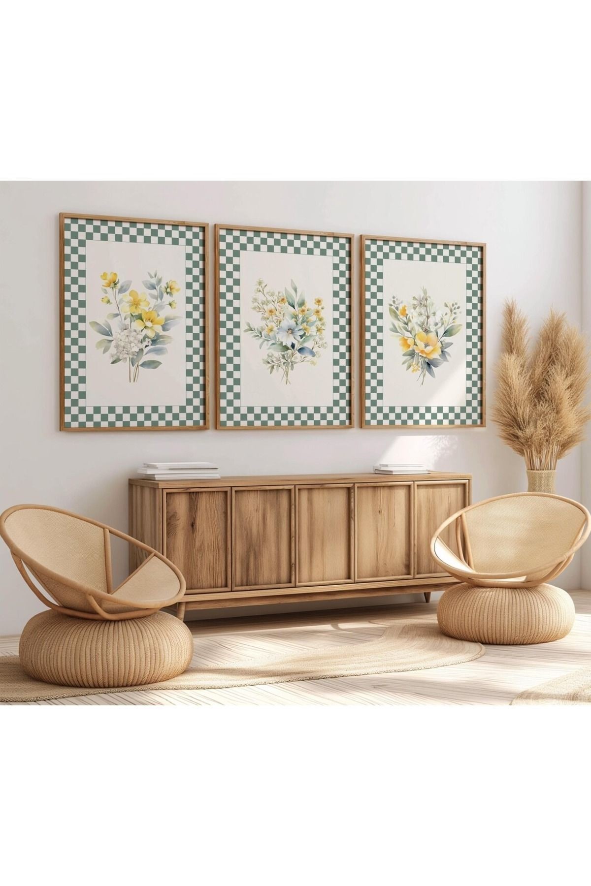 3 Parça Ahşap Çerçeveli Oturma Odası Salon Mutfak Tablo Seti Set3130