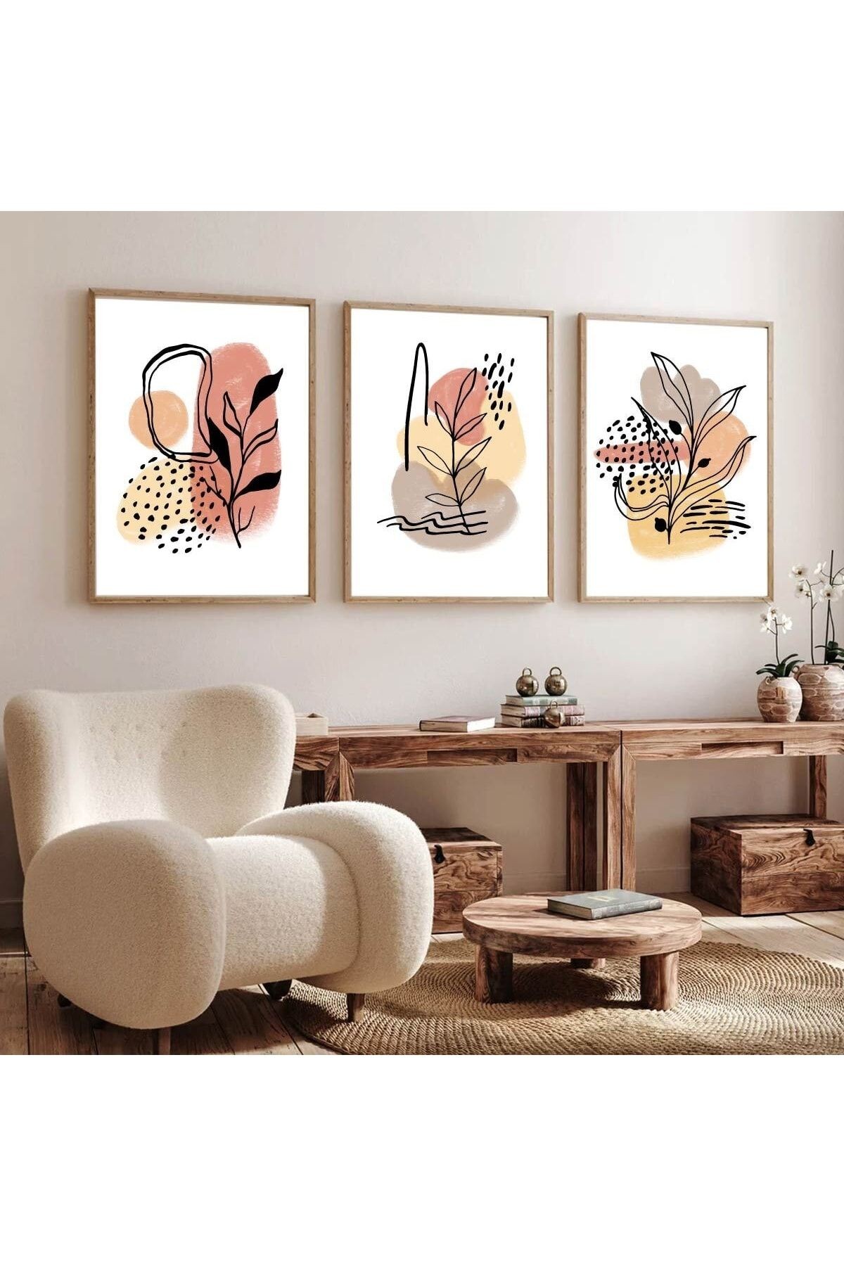 Ahşap Çerçeveli Minimalist 3lü Dekoratif Tablo Seti Sarı Pastel Flower