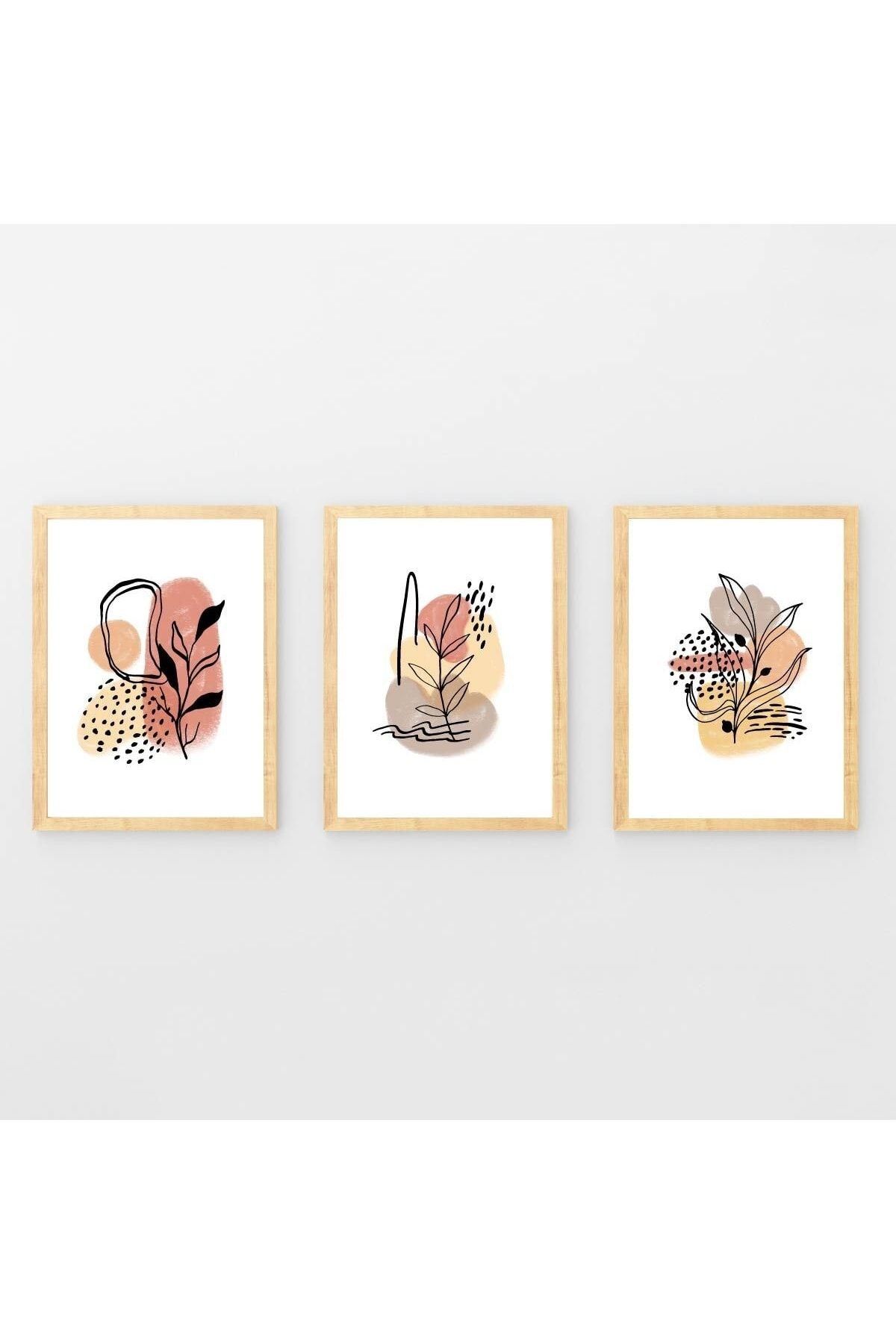 Ahşap Çerçeveli Minimalist 3lü Dekoratif Tablo Seti Sarı Pastel Flower