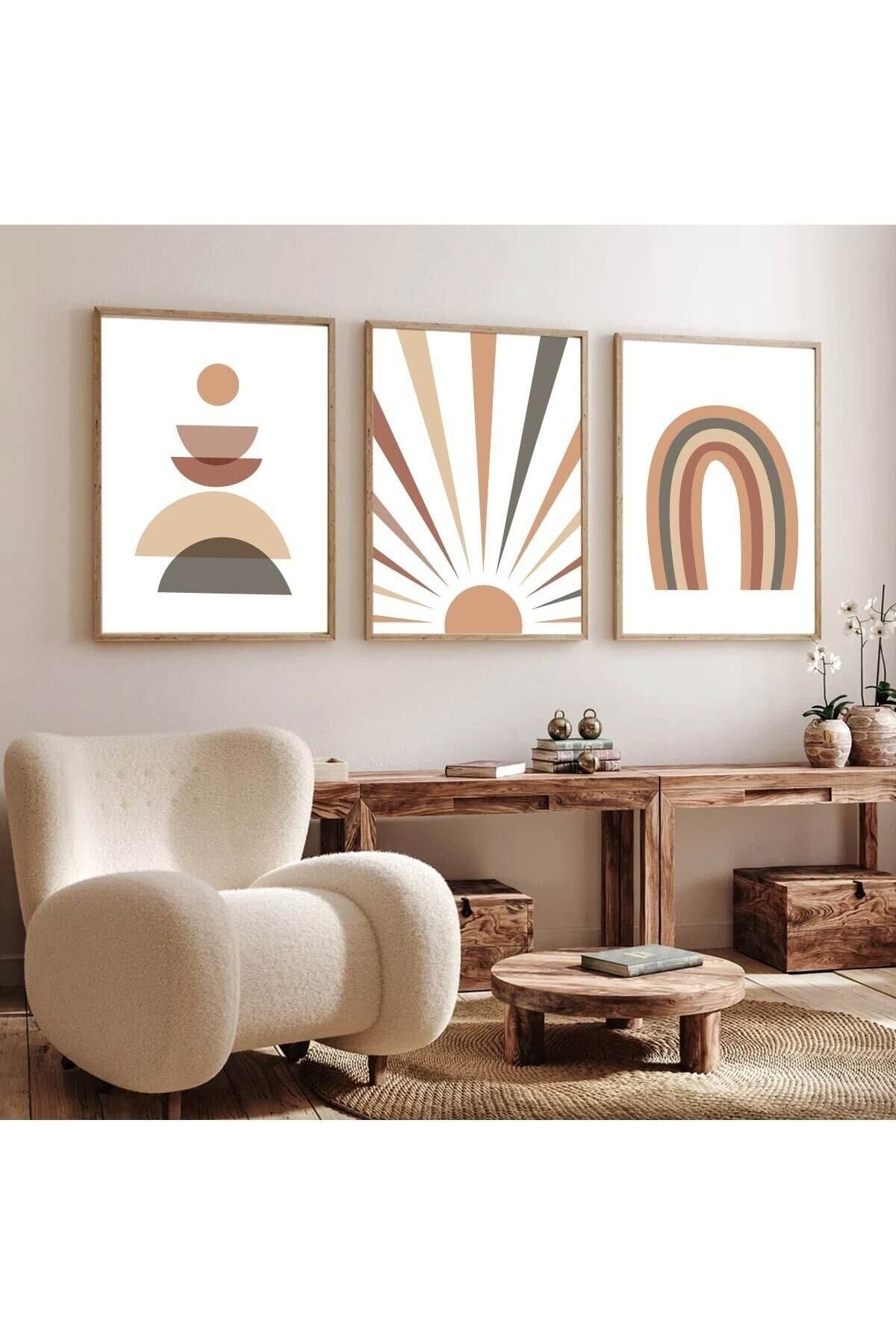 Ahşap Çerçeveli Minimalist 3lü Dekoratif Tablo Seti Gökkuşağı
