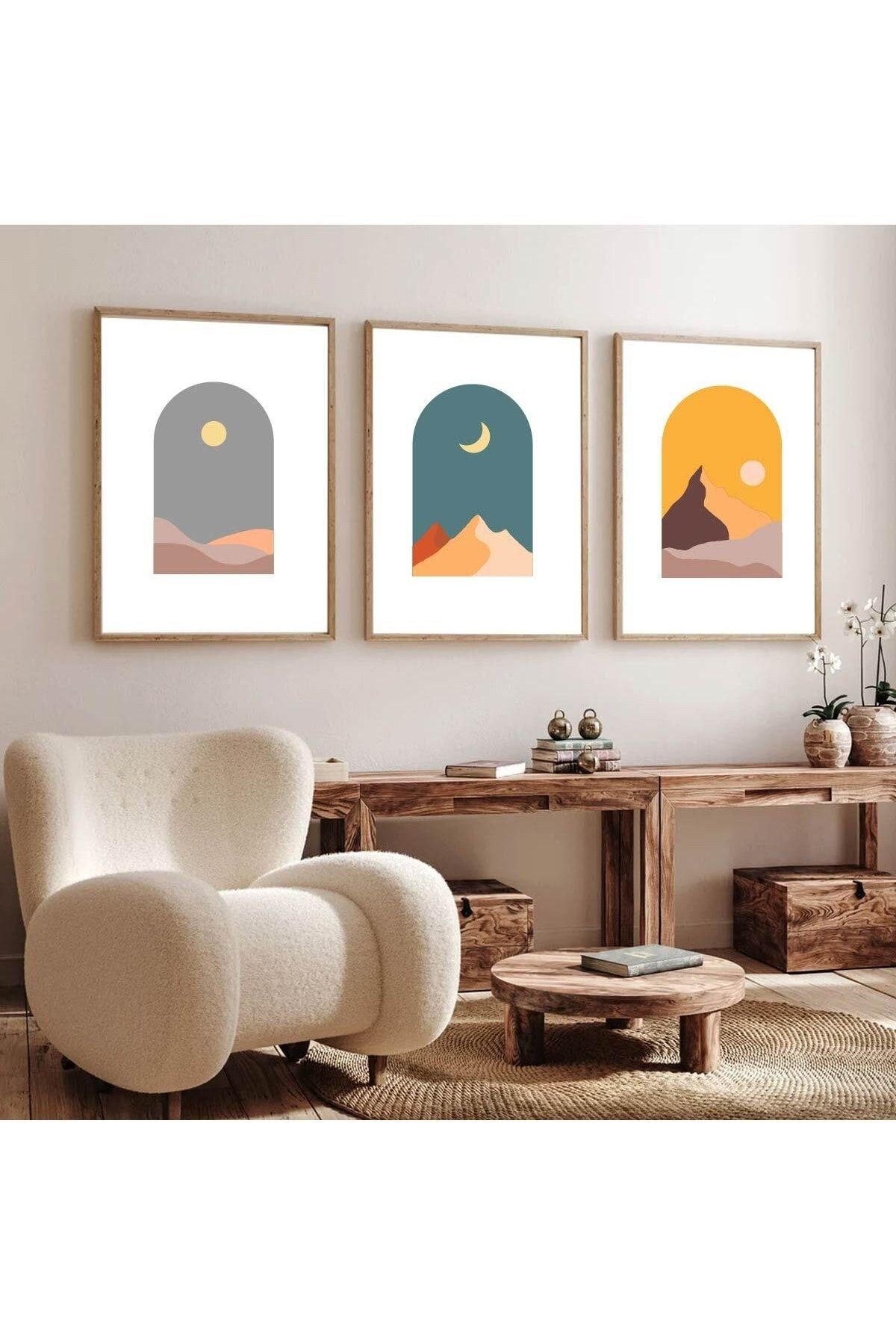 Ahşap Çerçeveli Minimalist 3lü Dekoratif Tablo Seti Renkli Manzara
