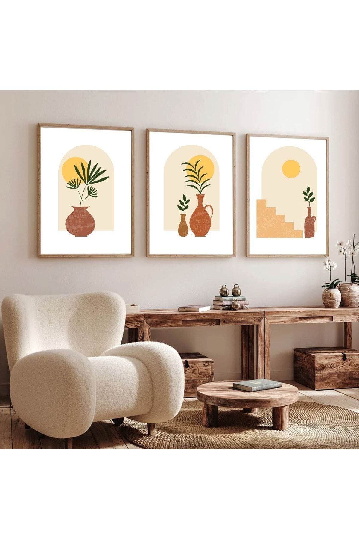 Ahşap Çerçeveli Minimalist 3lü Dekoratif Tablo Seti Merdiven Vazo