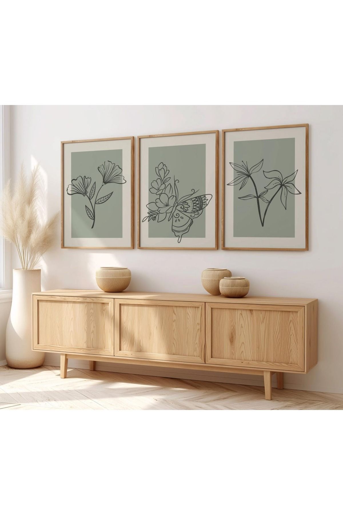 3 Parça Ahşap Çerçeveli Oturma Odası Salon Mutfak Tablo Seti SET3195