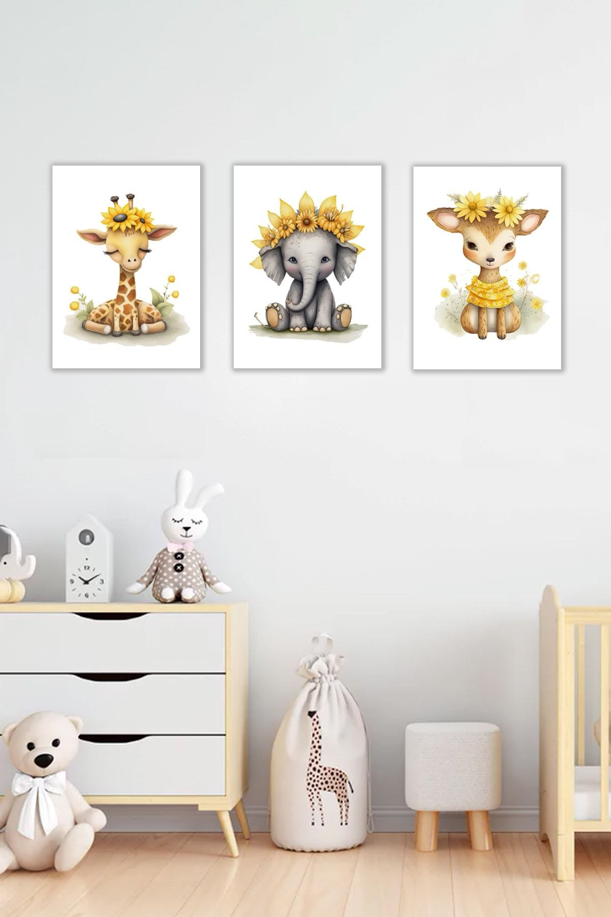 Çocuk Odası Dekoratif Tablo Ahşap Çocuk Odası Tablo 3lü Duvar Seti Yellow Animals