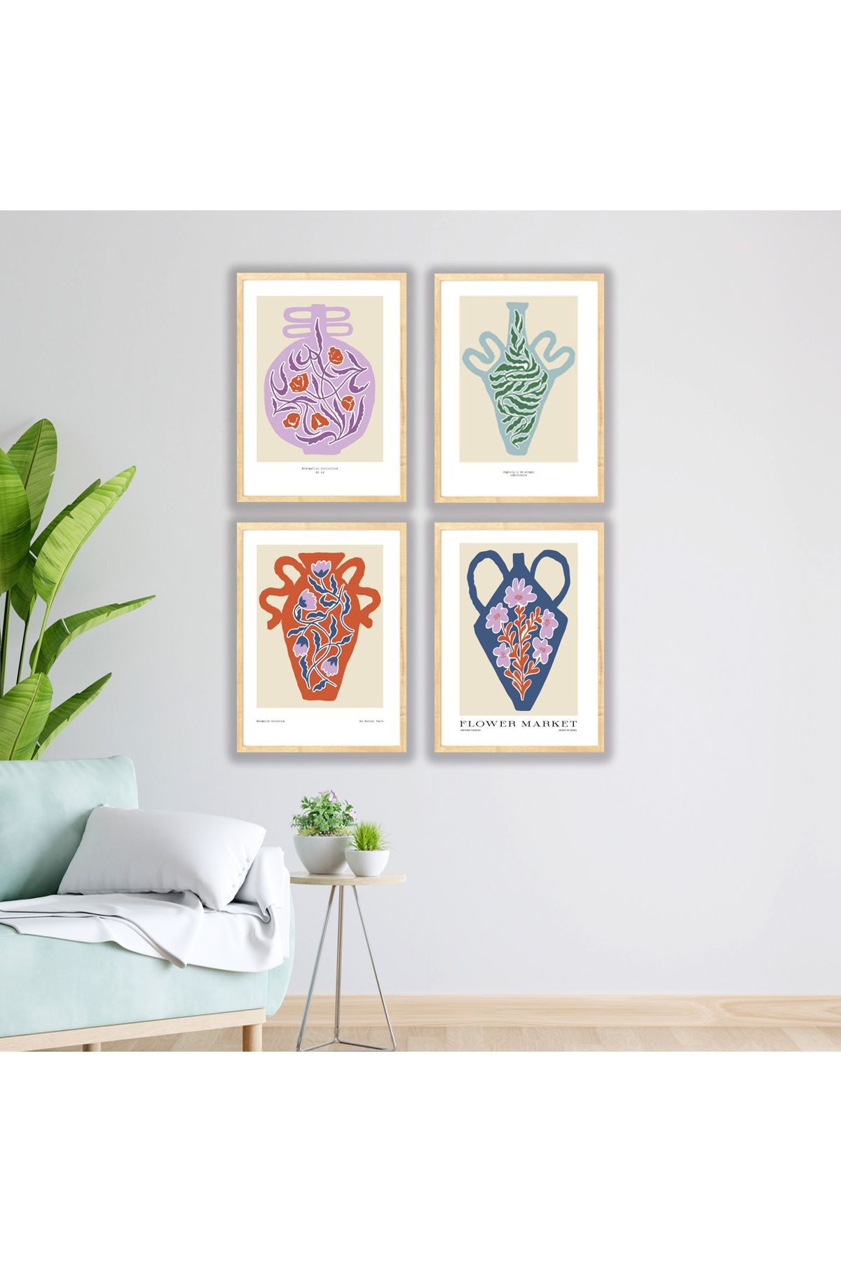 Ahşap Çerçeveli Dekoratif 4lüTablo Seti Botanical Flower Four