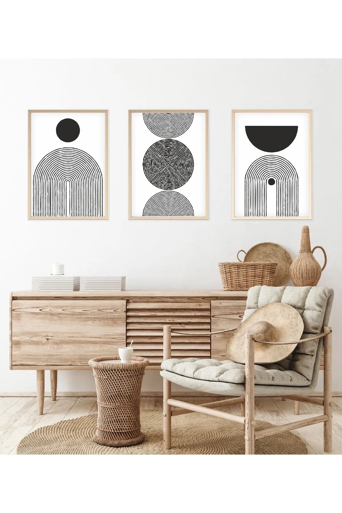Ahşap Çerçeveli Minimalist 3lü Dekoratif Tablo Seti Siyah Ay