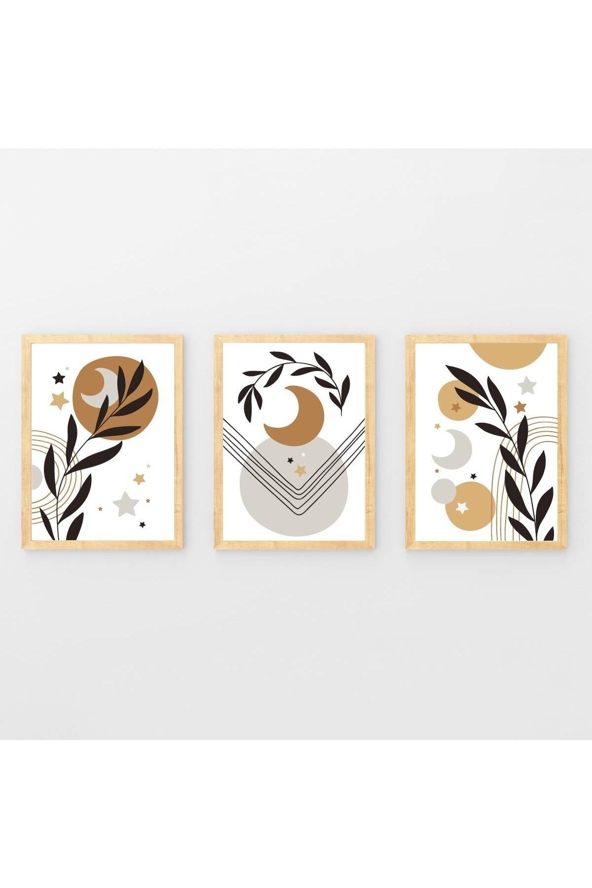 Ahşap Çerçeveli Minimalist 3lü Dekoratif Tablo Seti Kahverengi Ay