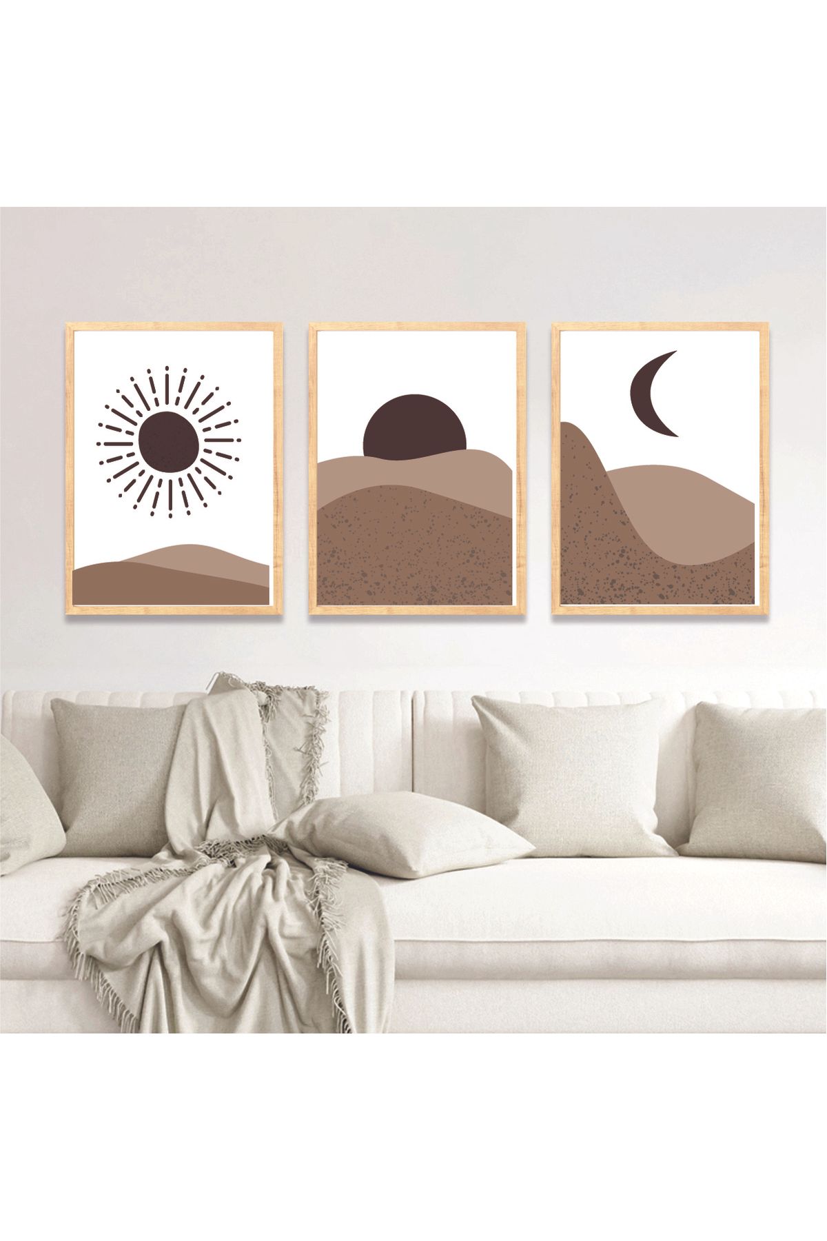 Ahşap Çerçeveli Minimalist 3lü Dekoratif Soyut Tablo Seti Kahverengi Güneş