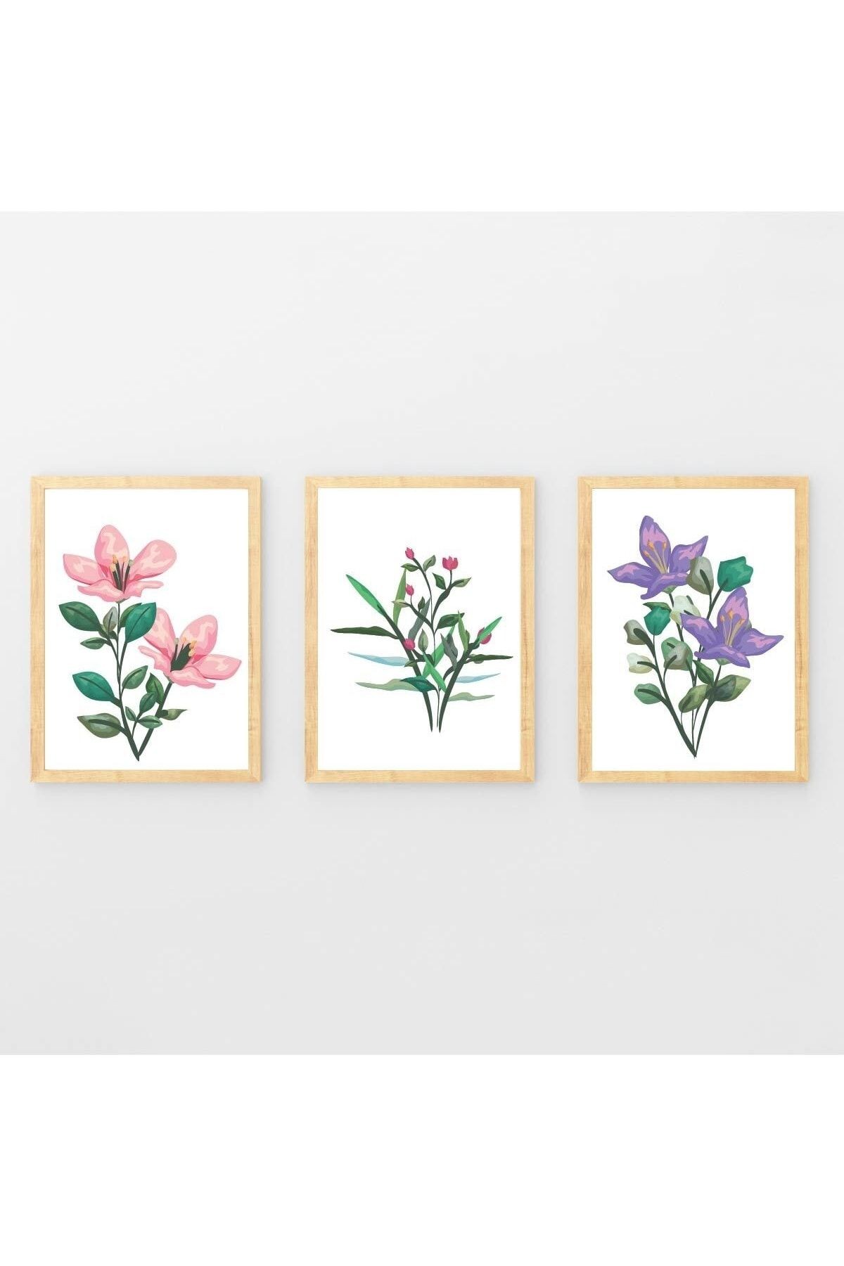 Ahşap Çerçeveli Minimalist 3lü Dekoratif Tablo Seti Renkli Çiçekler