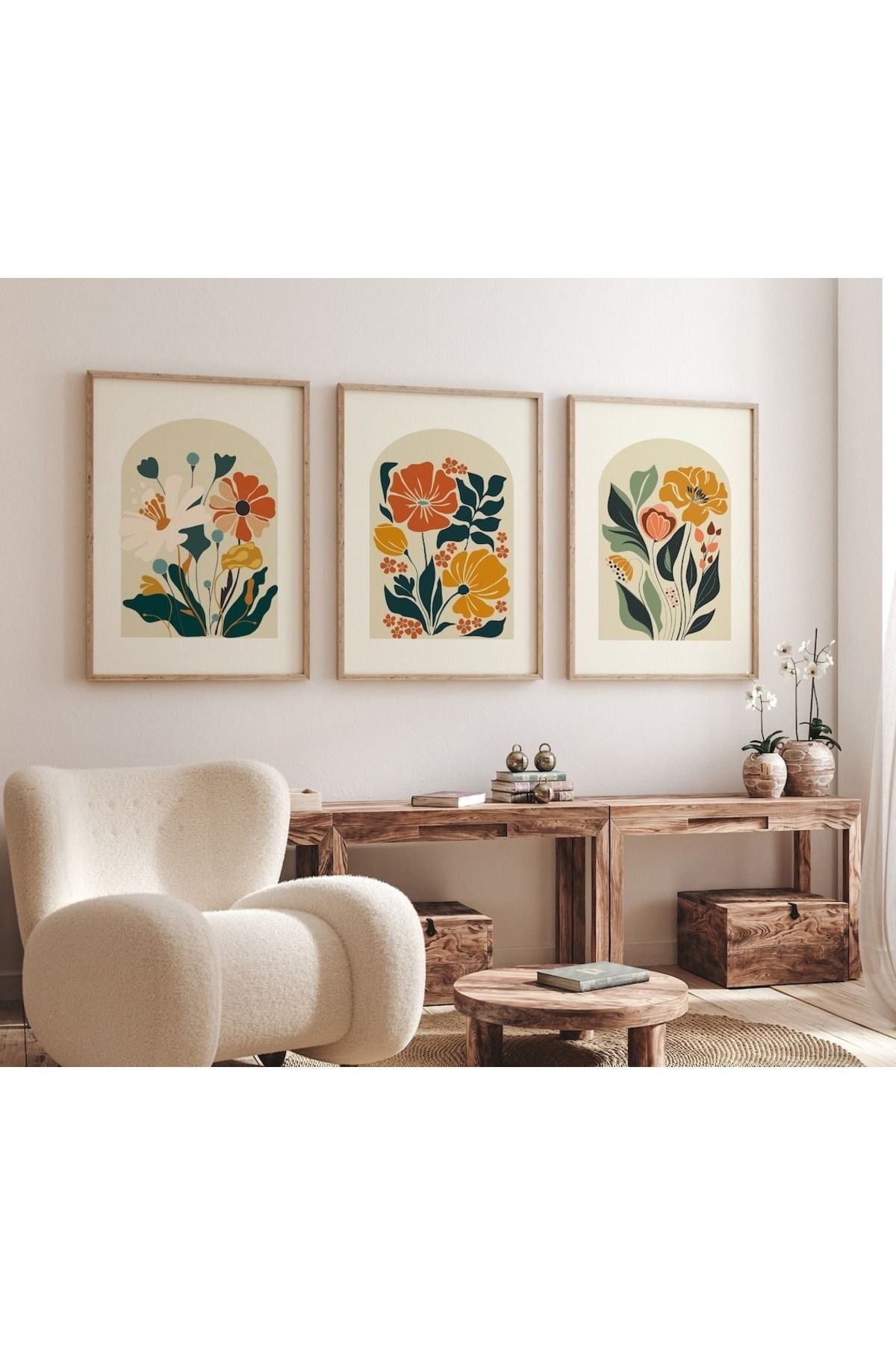 3 Parça Ahşap Çerçeveli Oturma Odası Salon Mutfak Tablo Seti SET3224