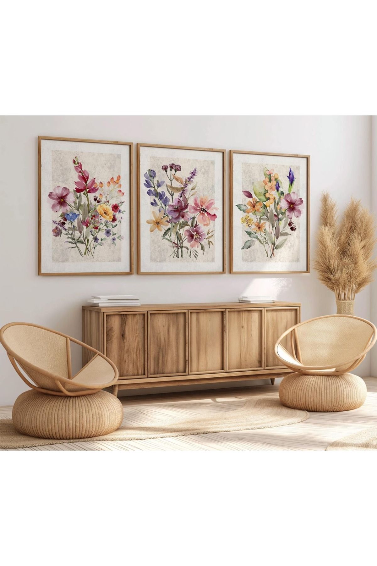 3 Parça Ahşap Çerçeveli Oturma Odası Salon Mutfak Tablo Seti SET3165