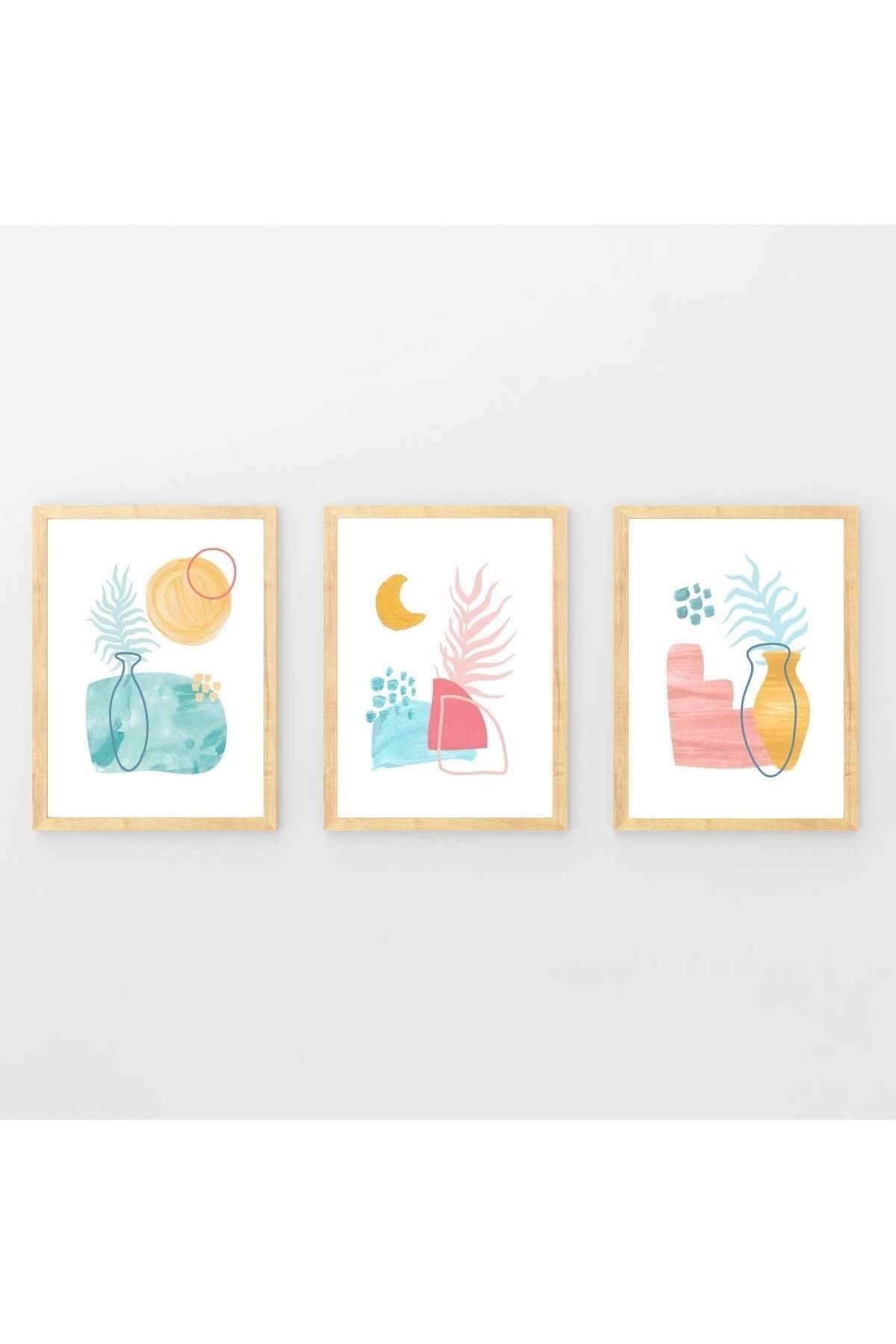 Ahşap Çerçeveli Minimalist 3lü Dekoratif Tablo Seti Modern Vazo Desen