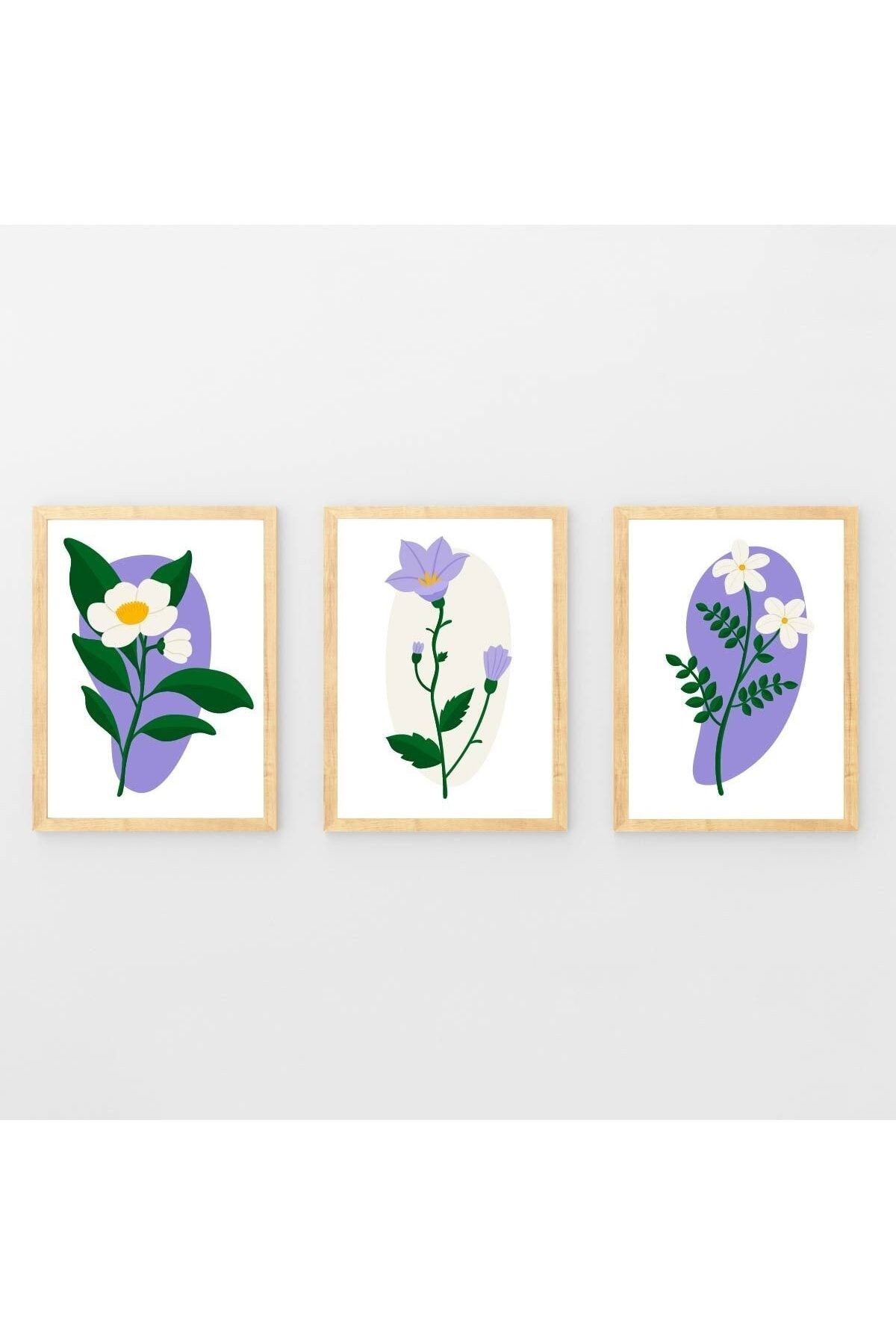Ahşap Çerçeveli Minimalist Tablo Seti Mor Çiçekler