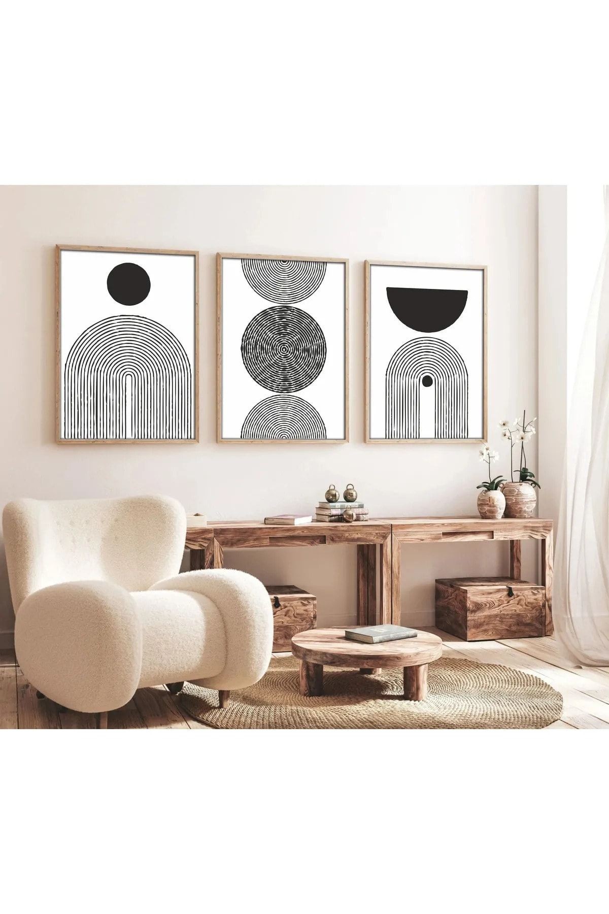 Ahşap Çerçeveli Minimalist 3lü Dekoratif Tablo Seti Siyah Ay