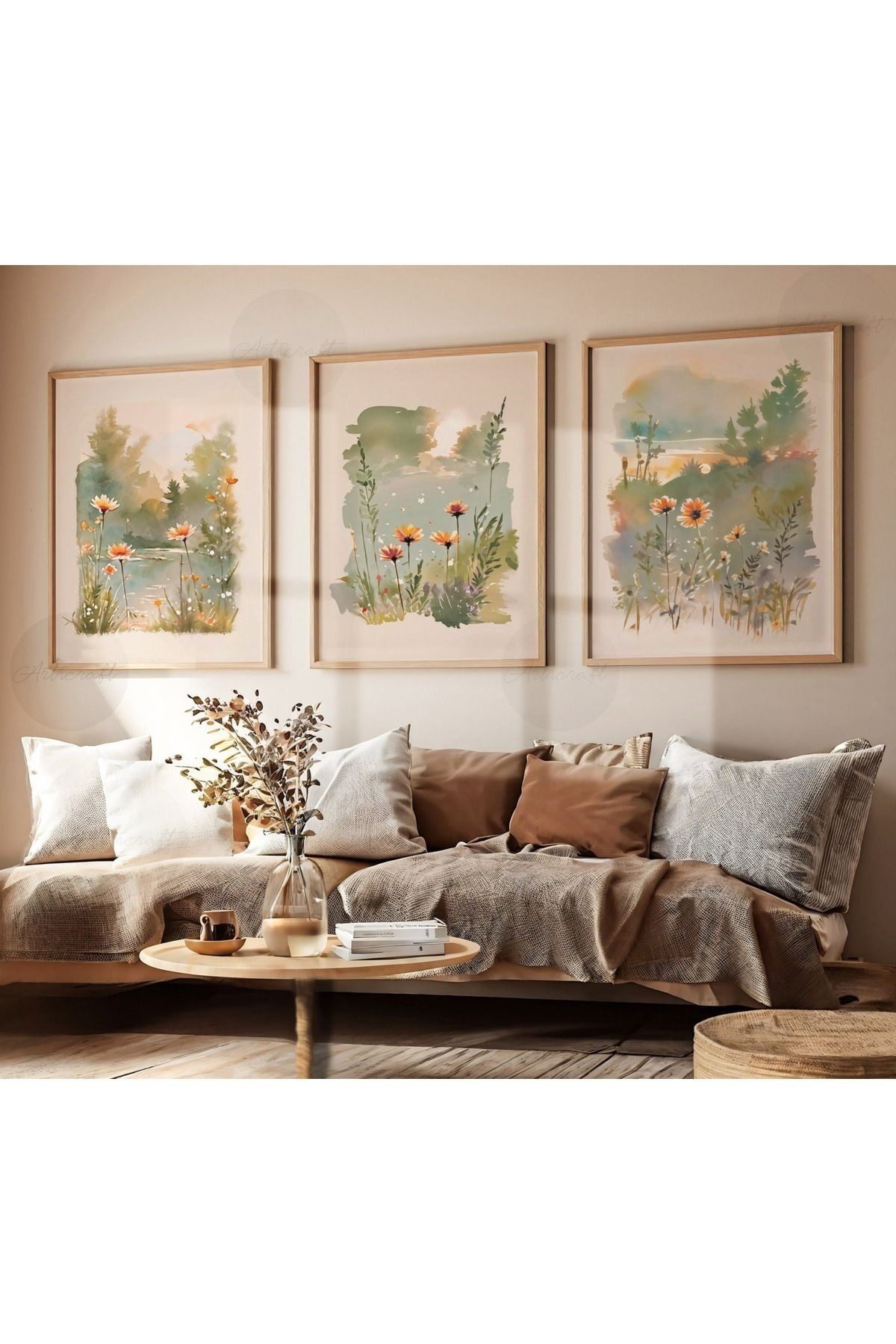 3 Parça Ahşap Çerçeveli Oturma Odası Salon Mutfak Tablo Seti SET3169