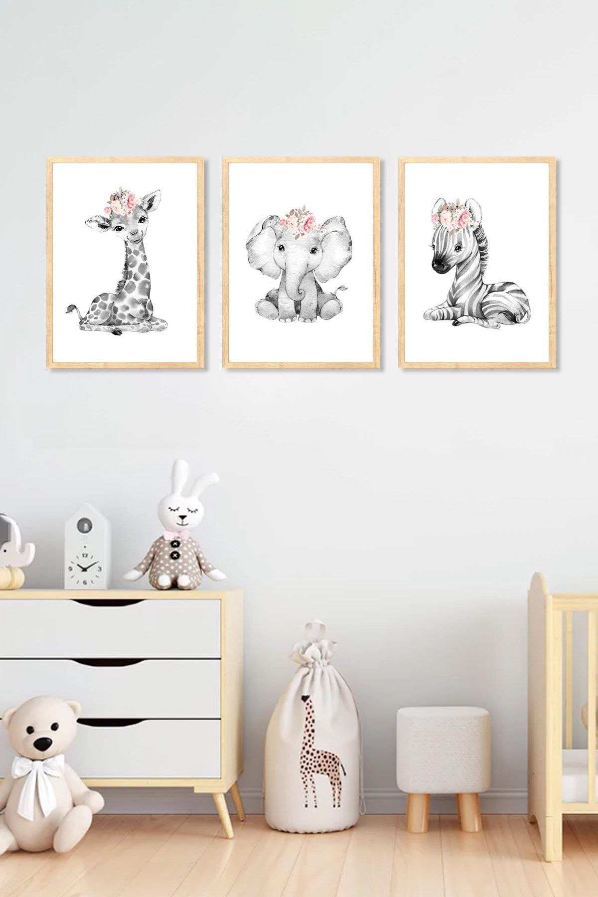 Ahşap Çerçeveli Çocuk Odası Dekoratif Tablo Seti Black Zebra Zürafa Fil