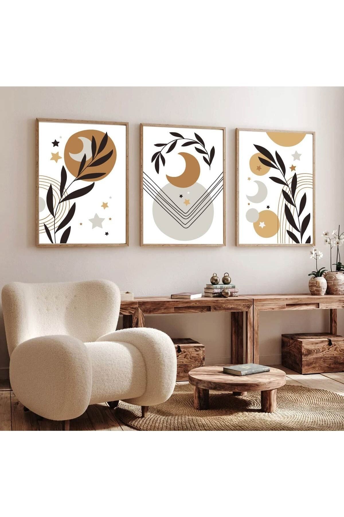 Ahşap Çerçeveli Minimalist 3lü Dekoratif Tablo Seti Kahverengi Ay